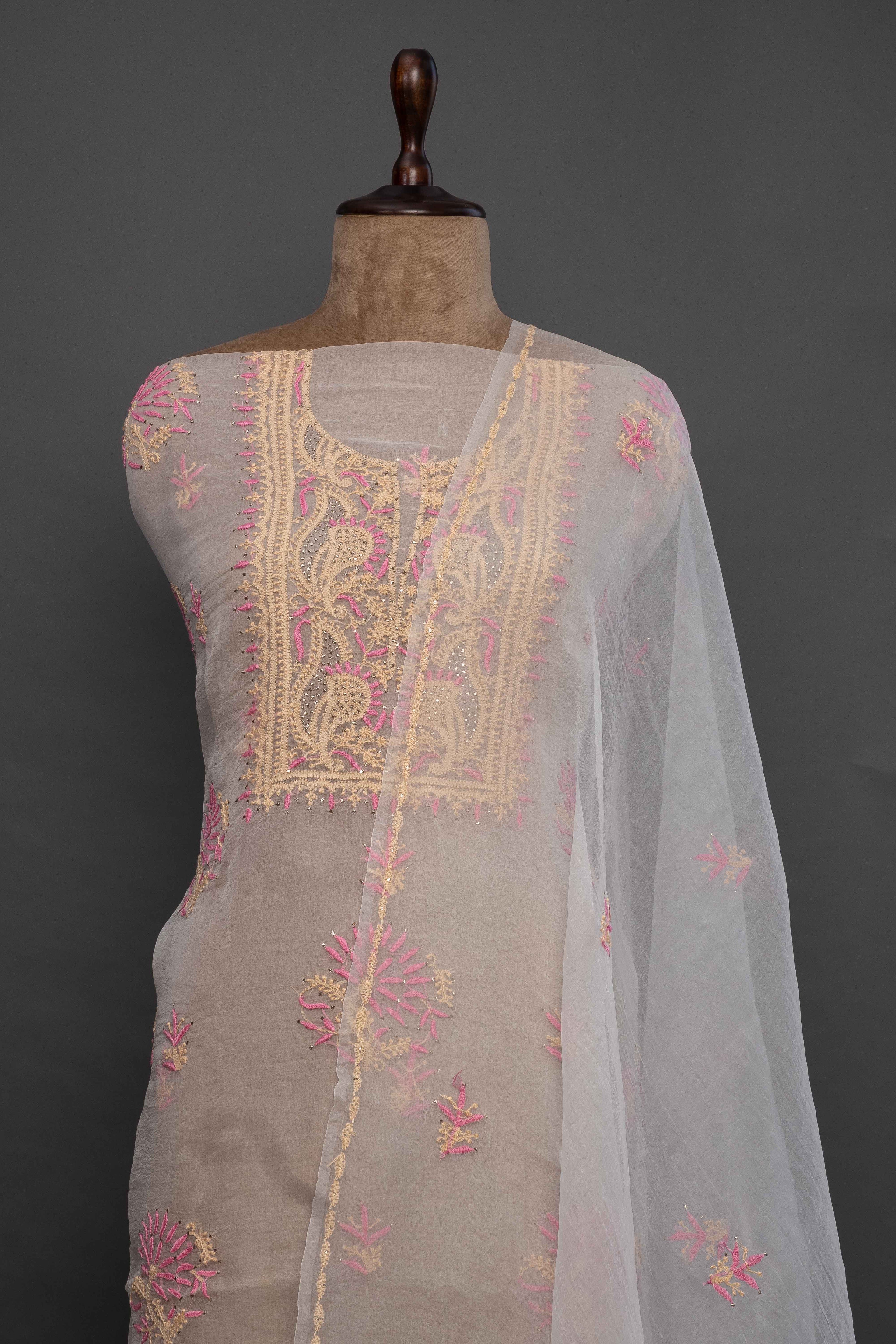 Organza Unstitched Kurti Set with Dupatta | Beige & Pink Chikankari Embroidery