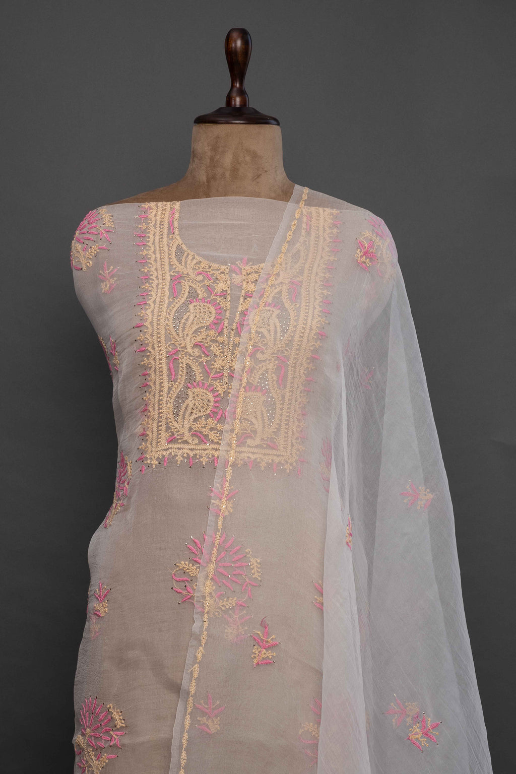 Unstitched Kurti Set with Dupatta | Peach Pink Chikankari Embroidery White Organza
