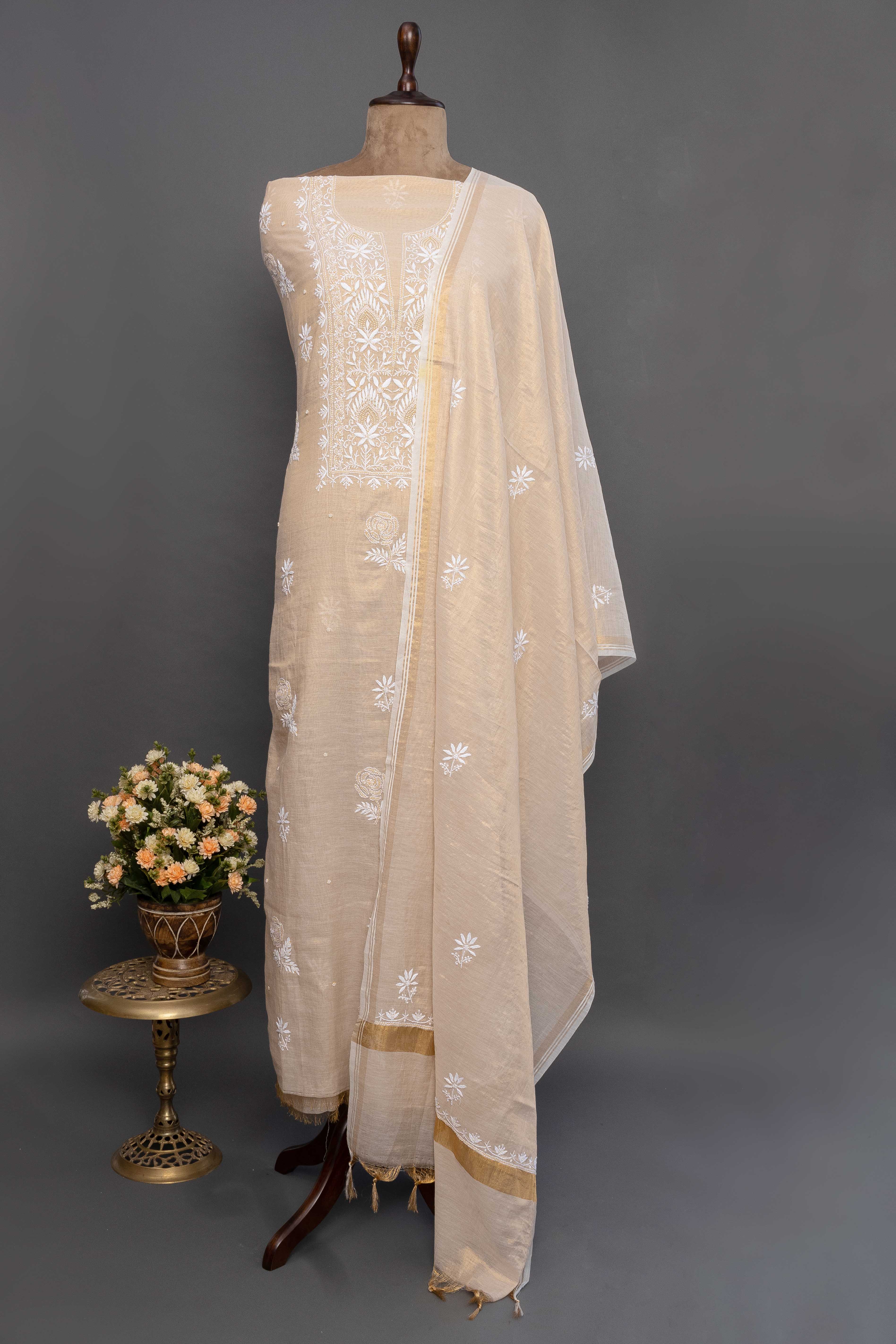 White Tissue Chikankari Kurti with Dupatta and Sequin Work