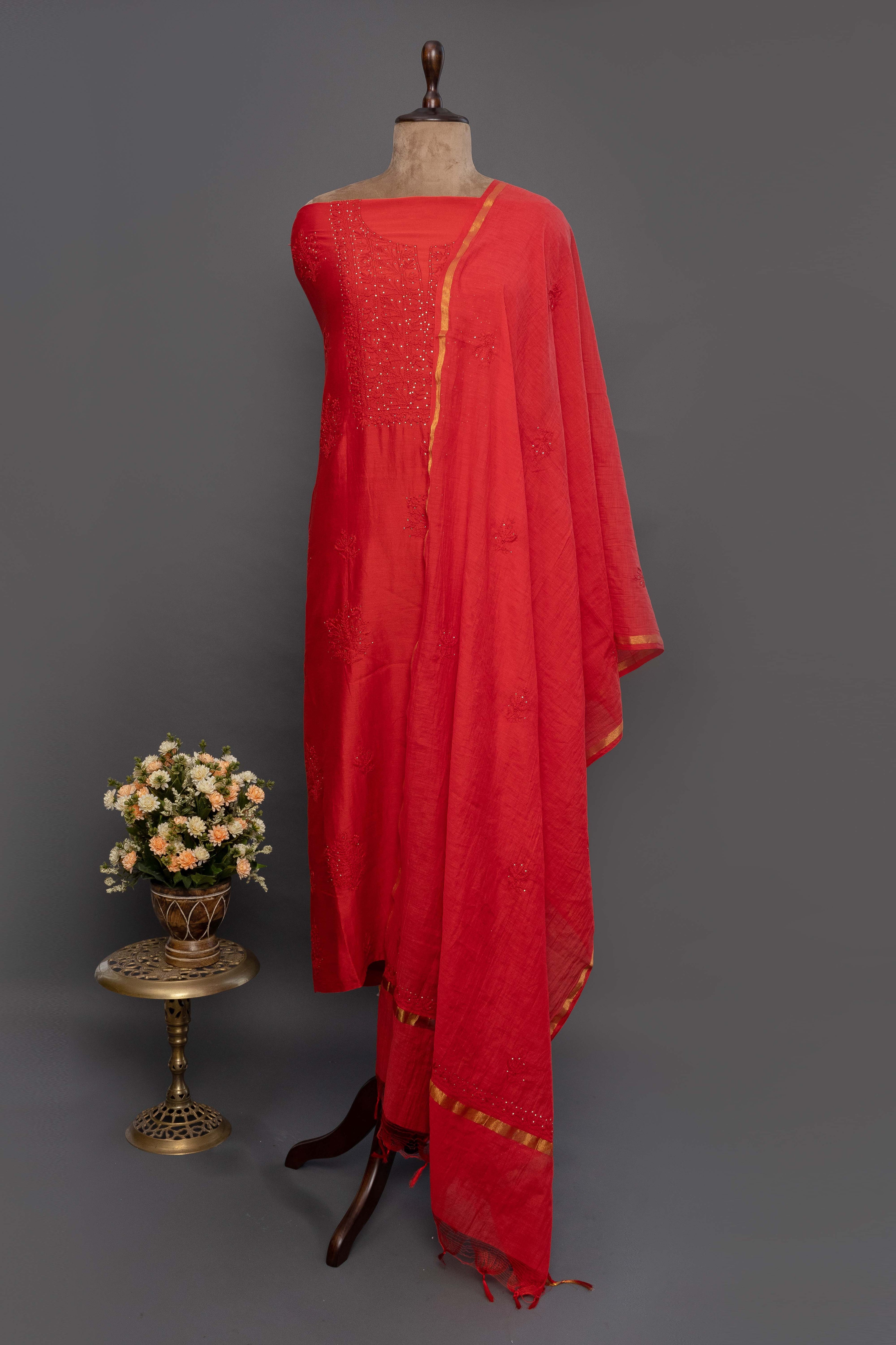 Red Chanderi Silk Unstitched Kurti with Dupatta – Chikankari
