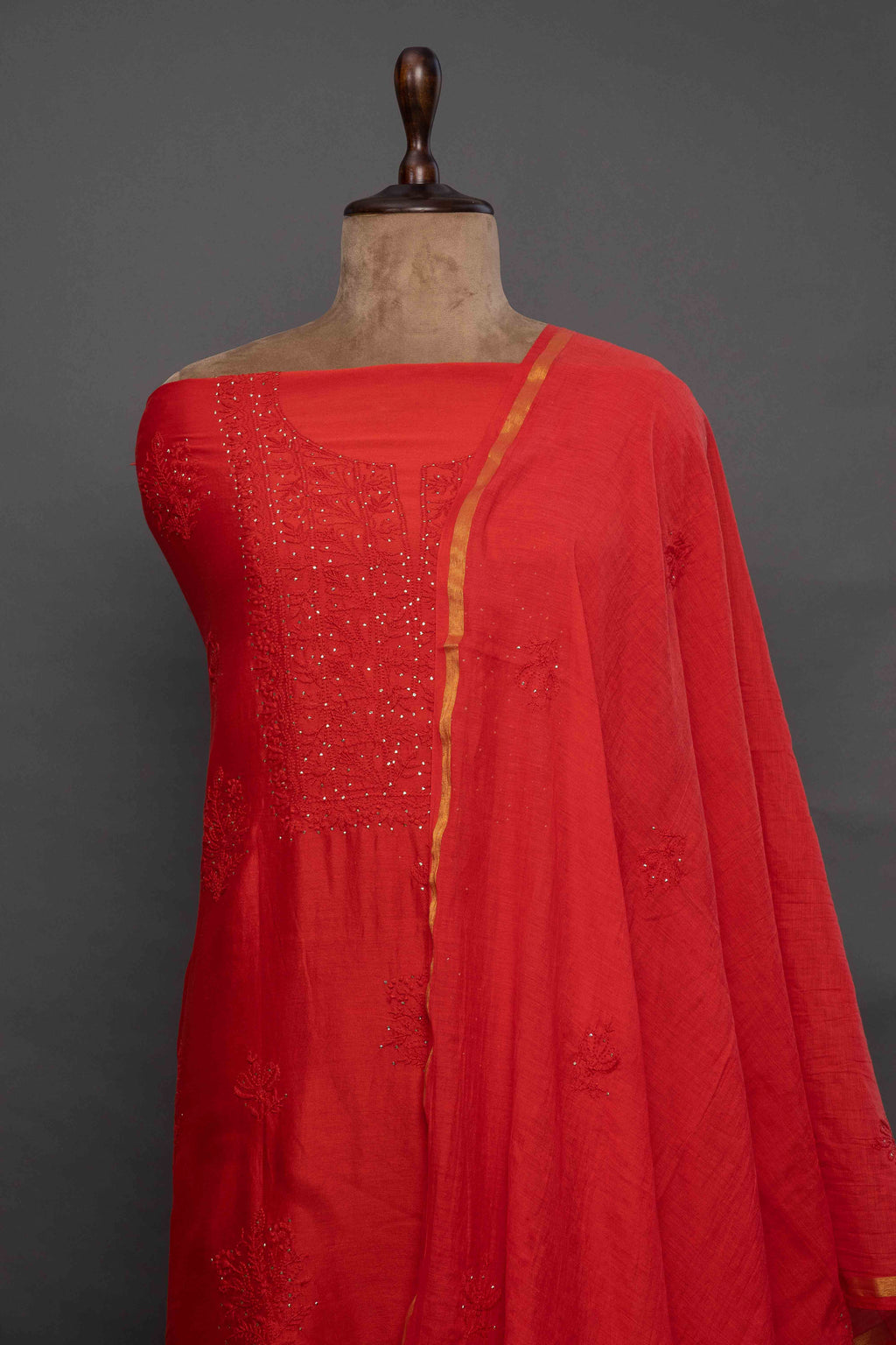 Red Chanderi Silk Unstitched Kurti with Dupatta – Chikankari