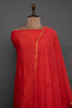 Red Chanderi Silk Unstitched Kurti with Dupatta – Chikankari