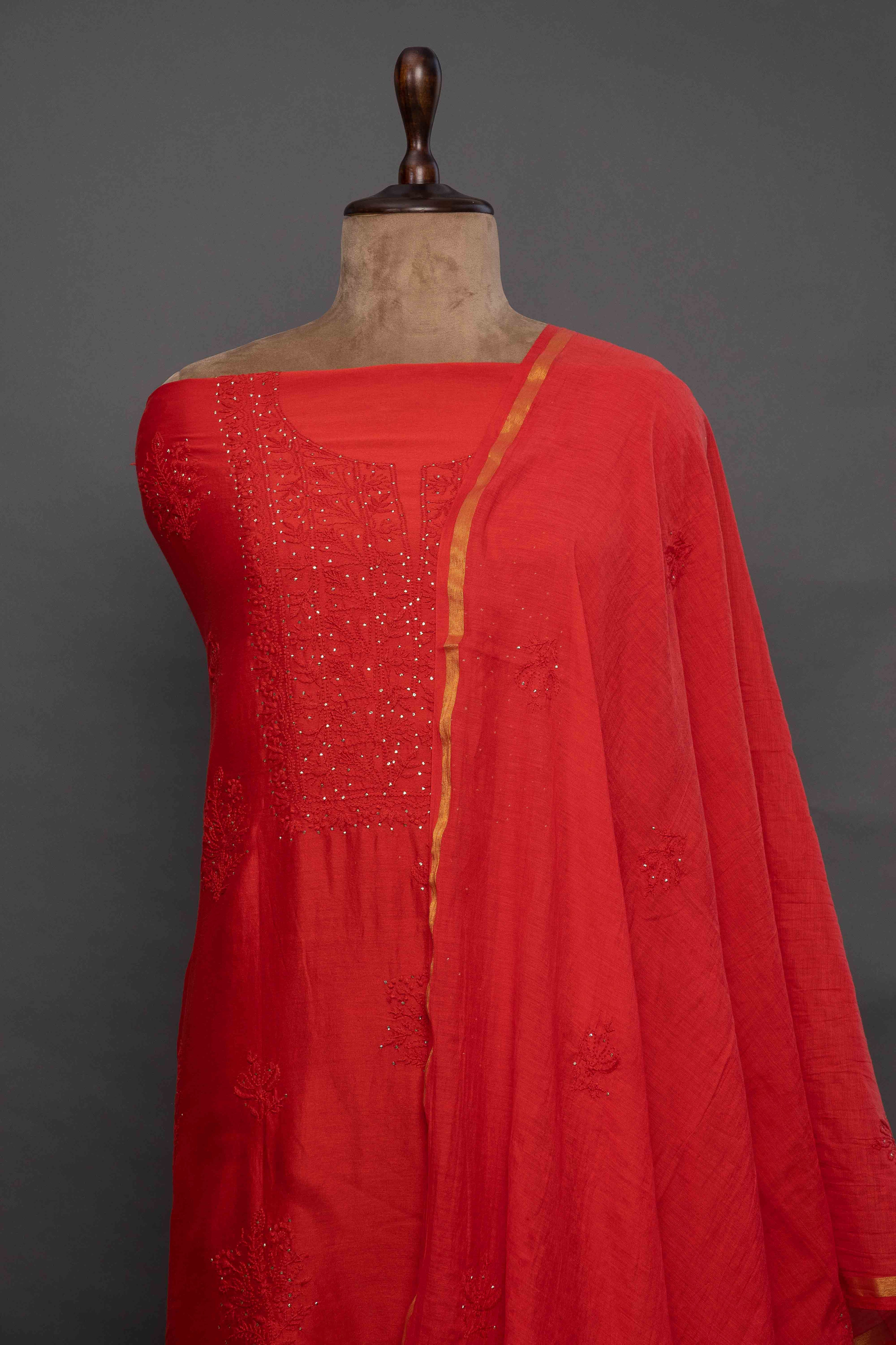 Red Chanderi Silk Unstitched Kurti with Dupatta – Chikankari
