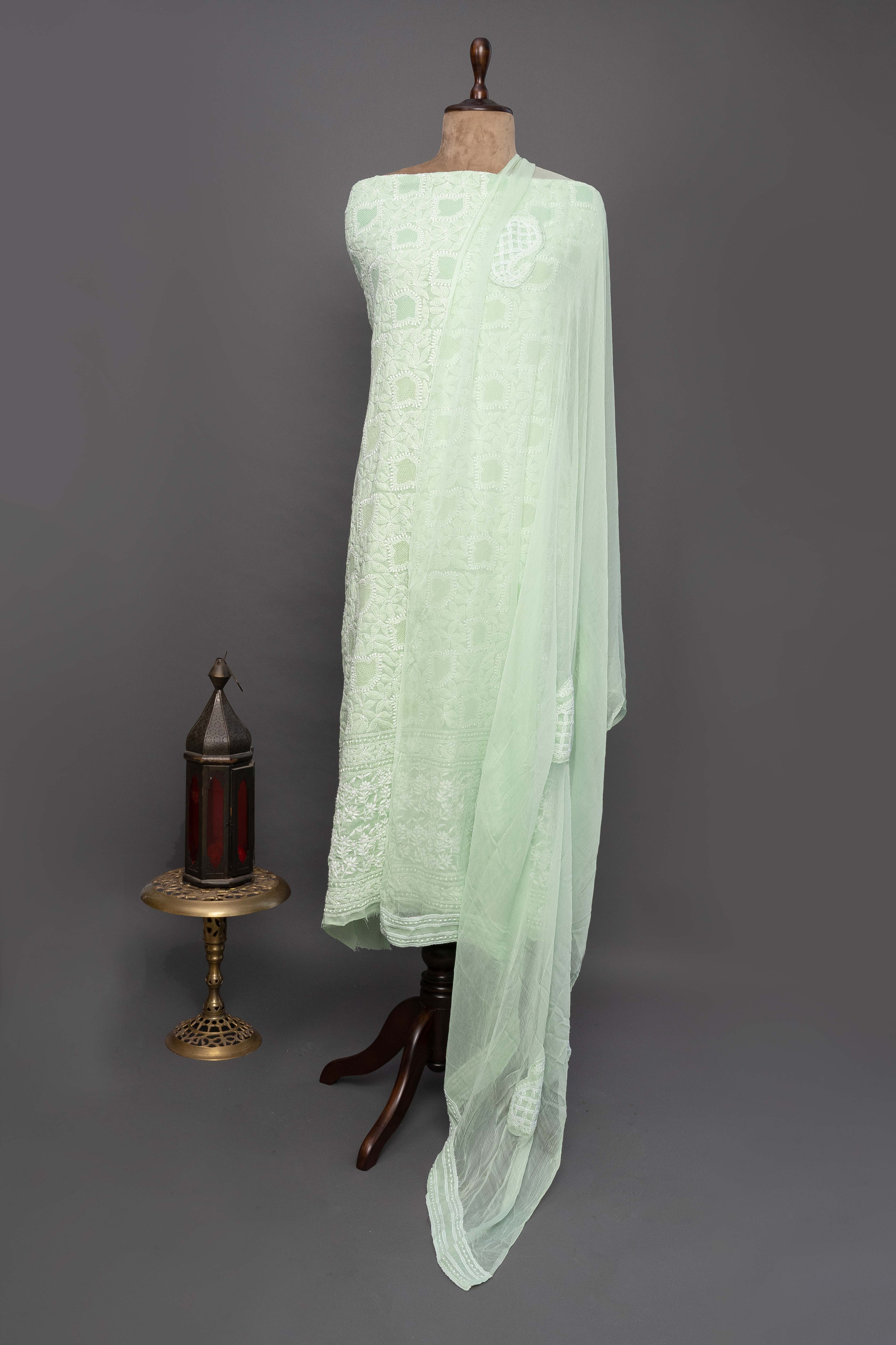 Green & White Chikankari Set with Dupatta