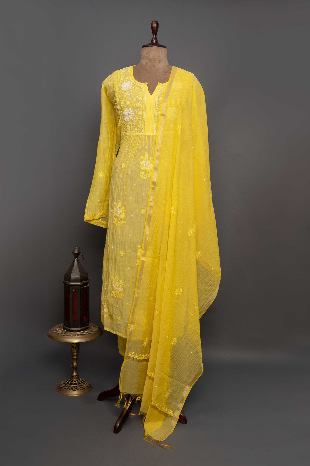 Yellow Mul Chanderi Kurti with Dupatta