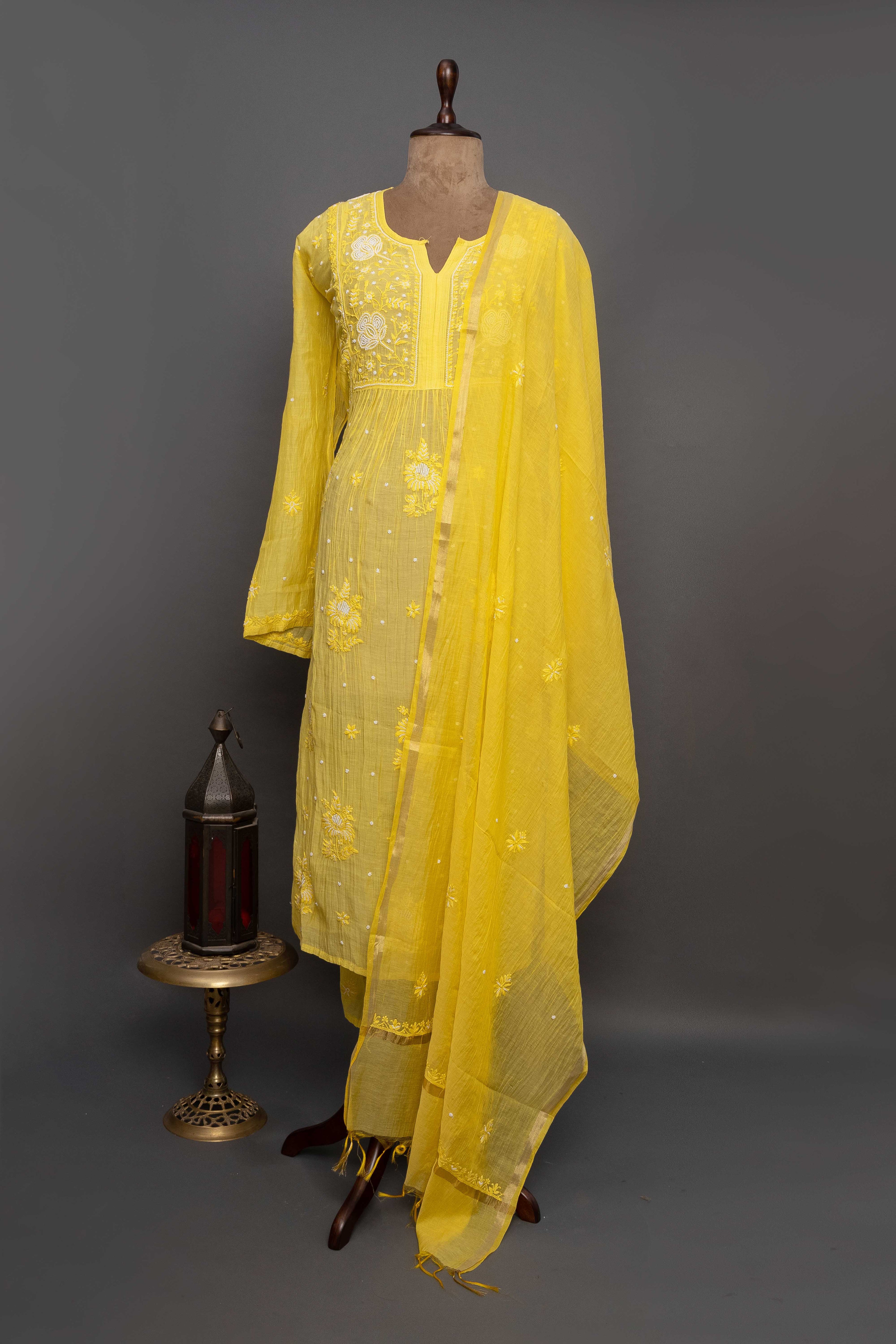 Yellow Mul Chanderi Kurti with Dupatta