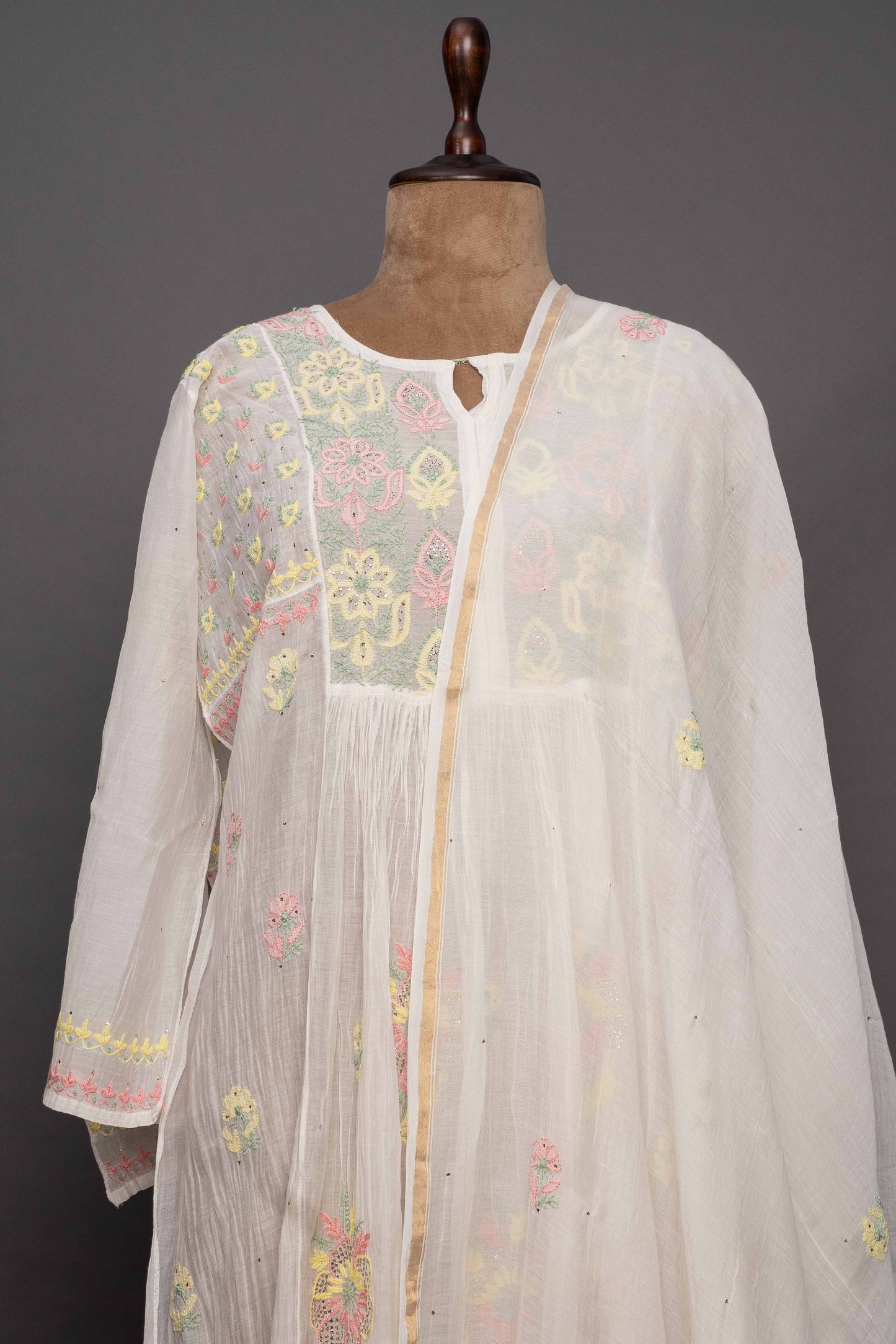 White Chanderi Kurti with Multicolour Detailing