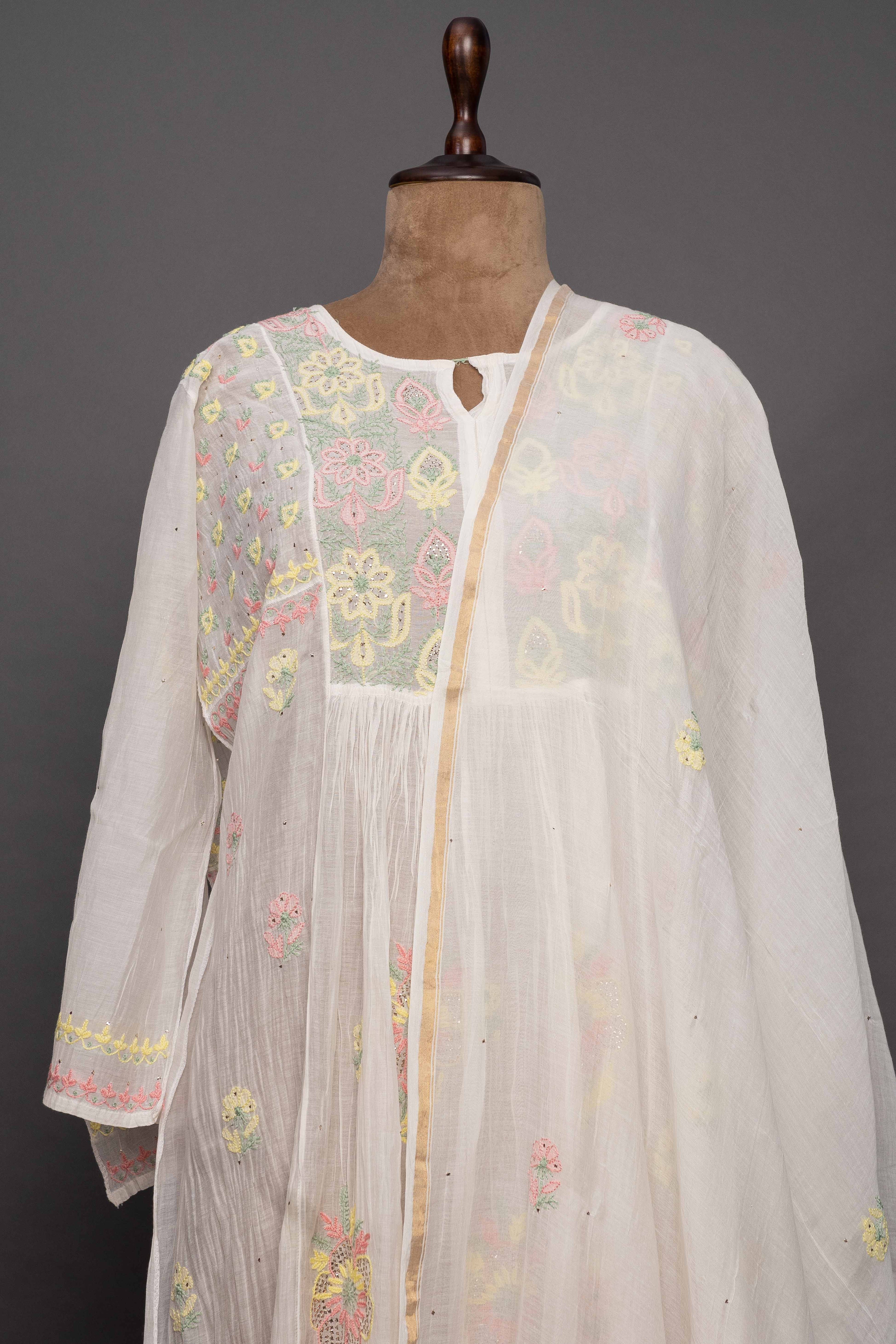 White Chanderi Kurti with Multicolour Detailing