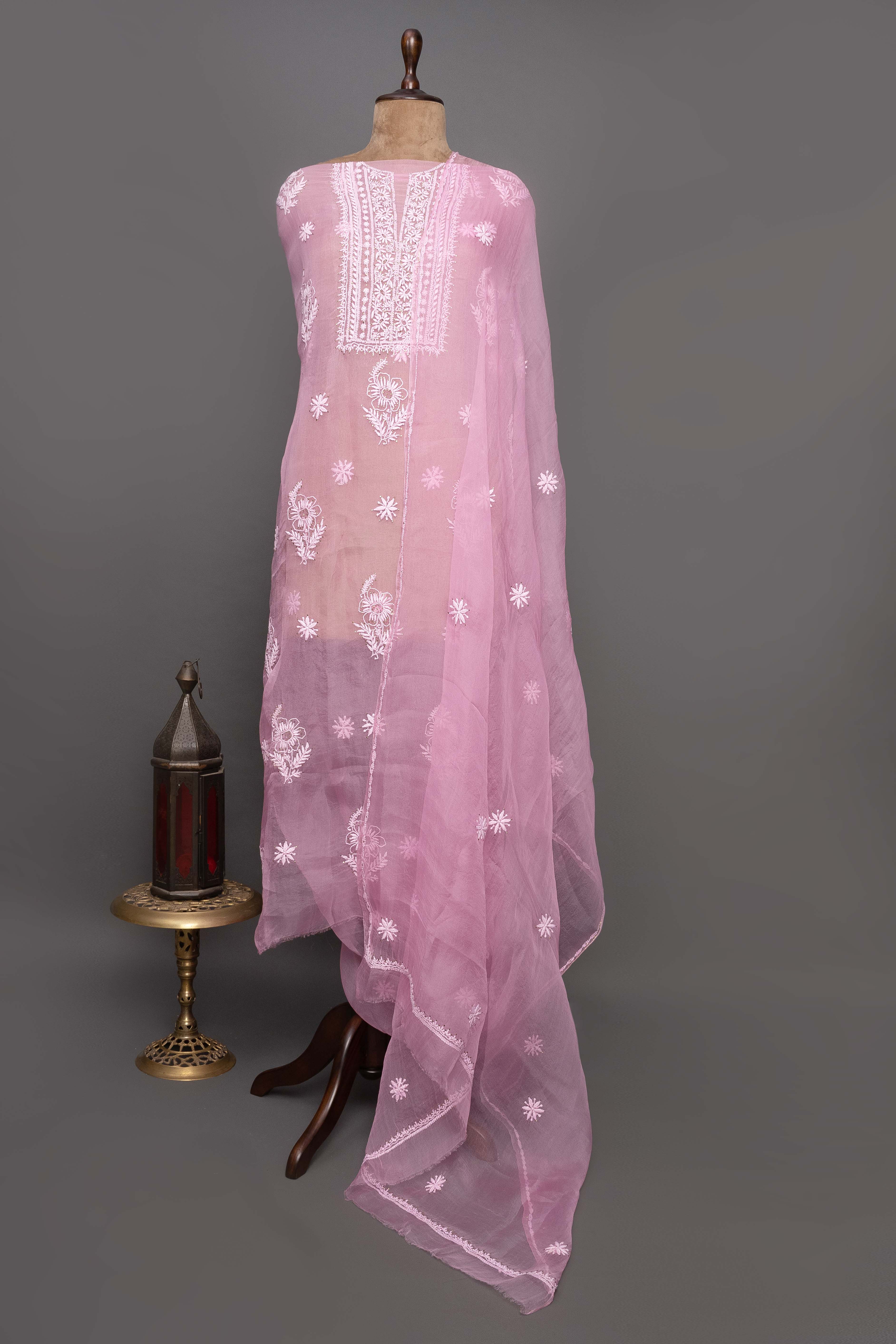 Organza Unstitched Pink Kurti with Dupatta