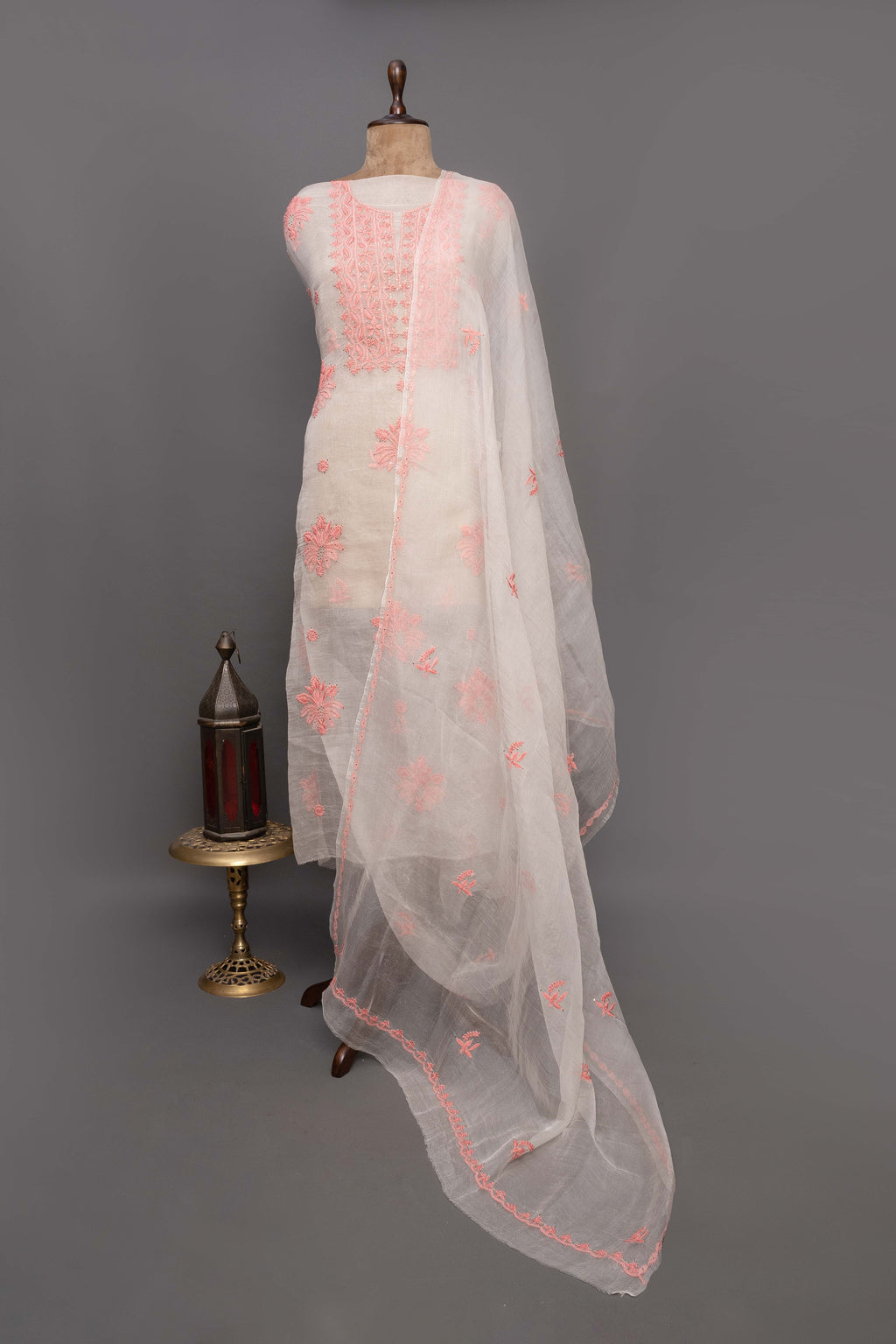 Unstitched Kurti Set with Dupatta | Peach Pink Chikankari Embroidery White Organza