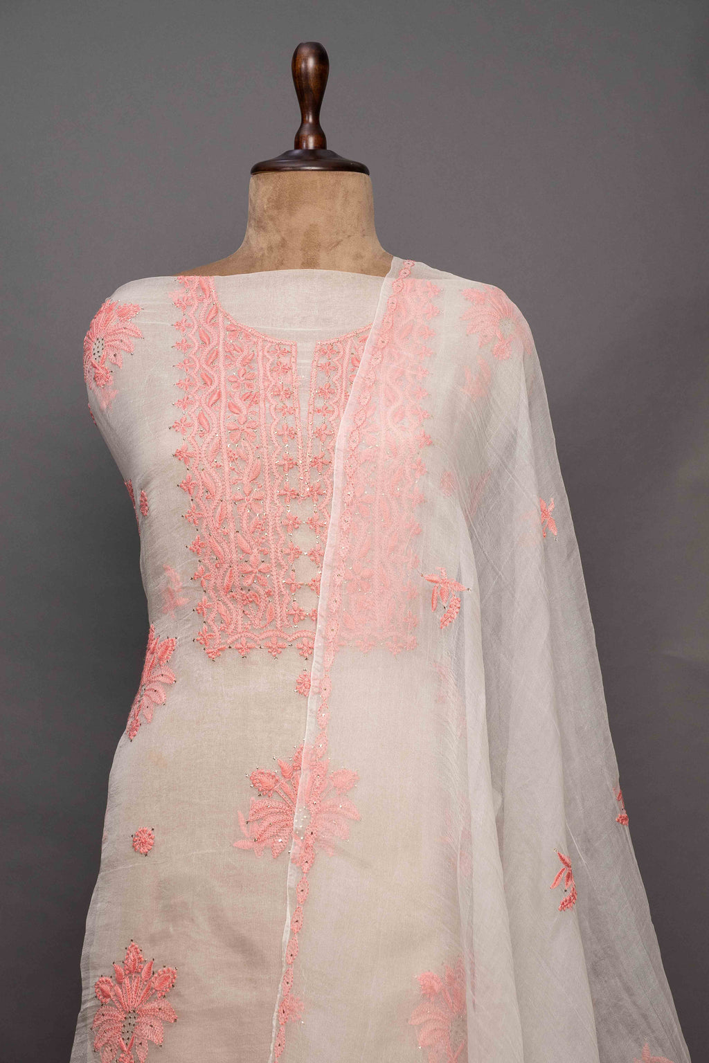 Organza Unstitched Kurti Set with Dupatta | Beige & Pink Chikankari Embroidery