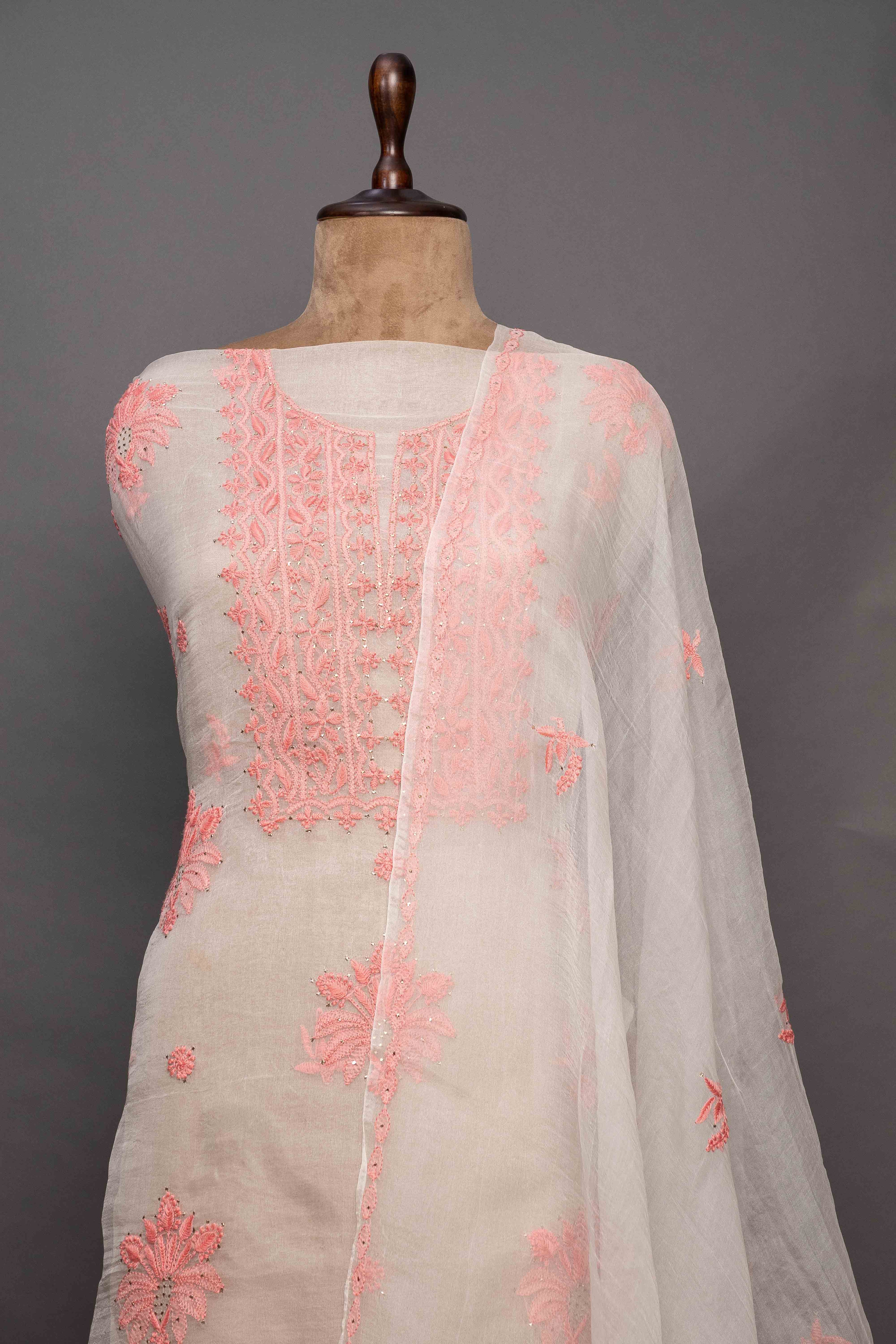 Organza Unstitched Kurti Set with Dupatta | Beige & Pink Chikankari Embroidery