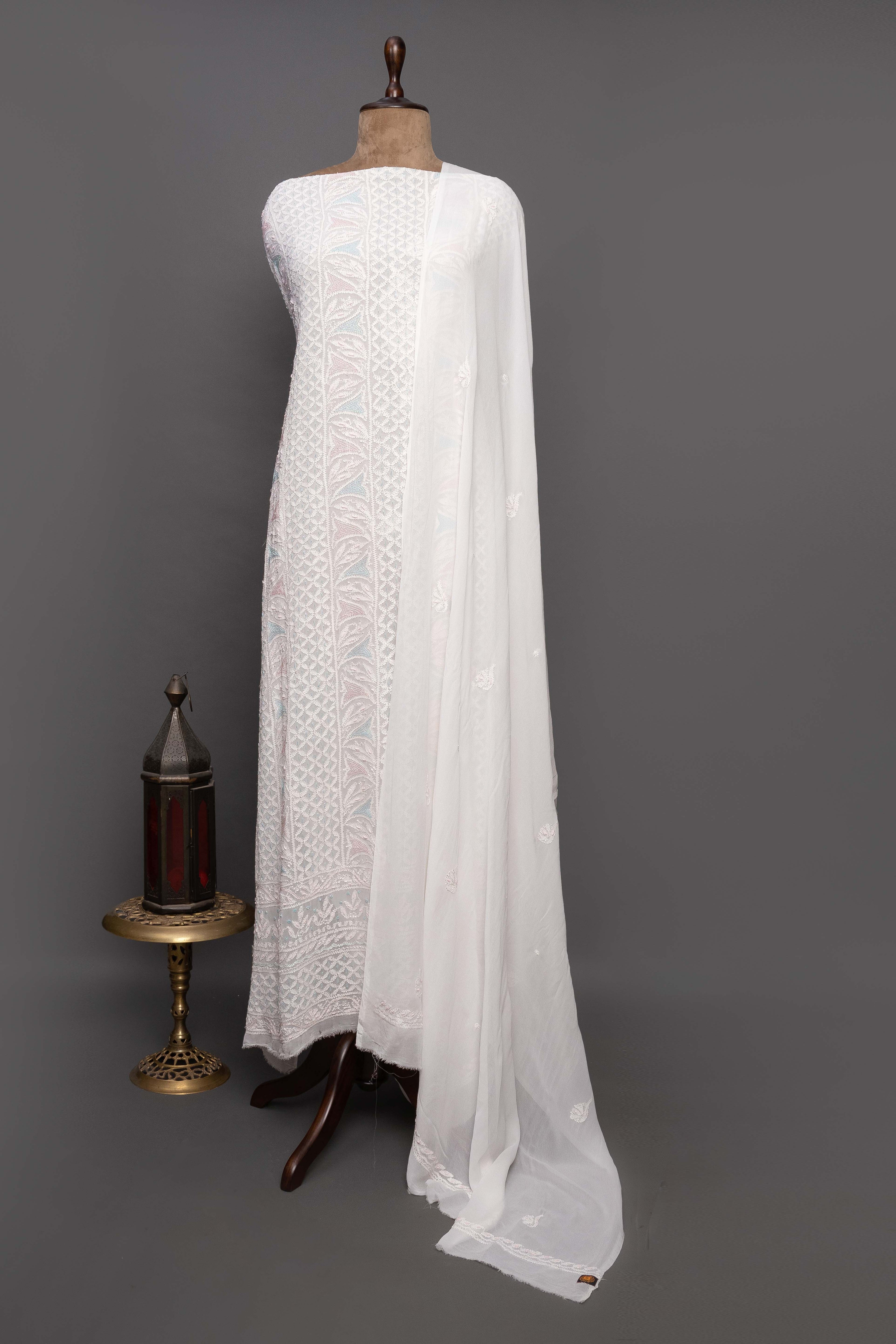 Unstitched White Kurti with Dupatta – Sequin Work