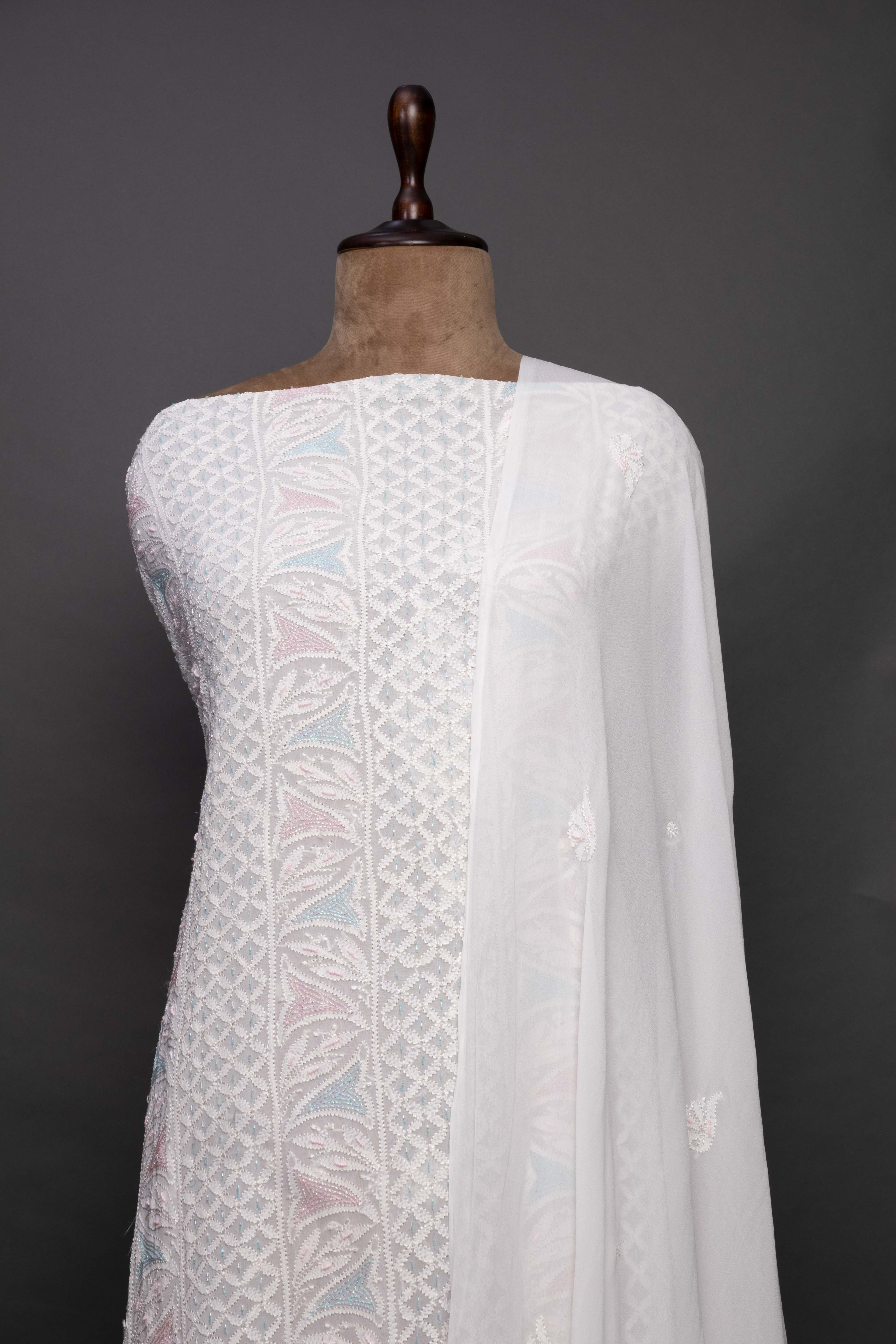 Unstitched White Kurti with Dupatta – Sequin Work