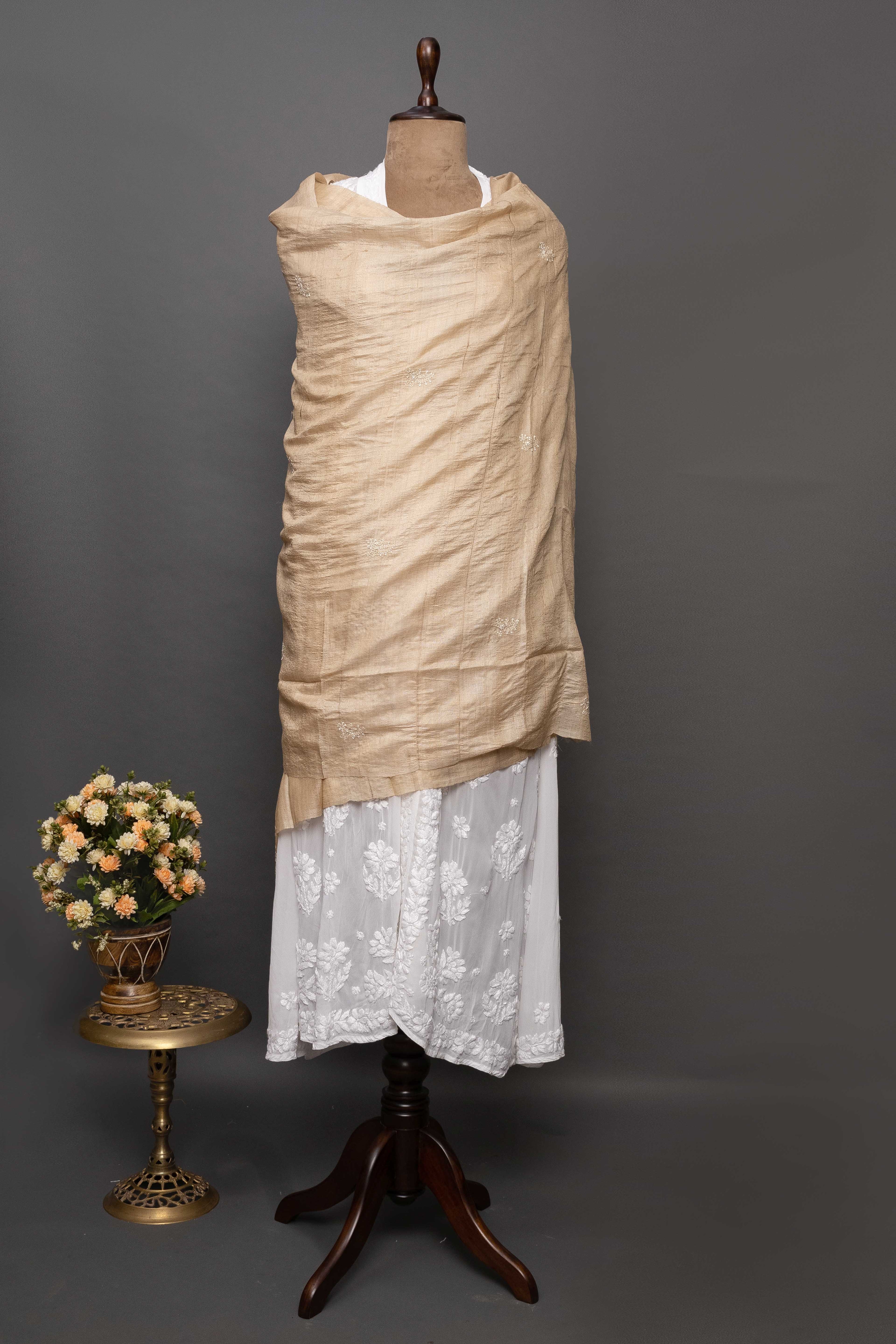 Beige Tussar Chikankari Dupatta