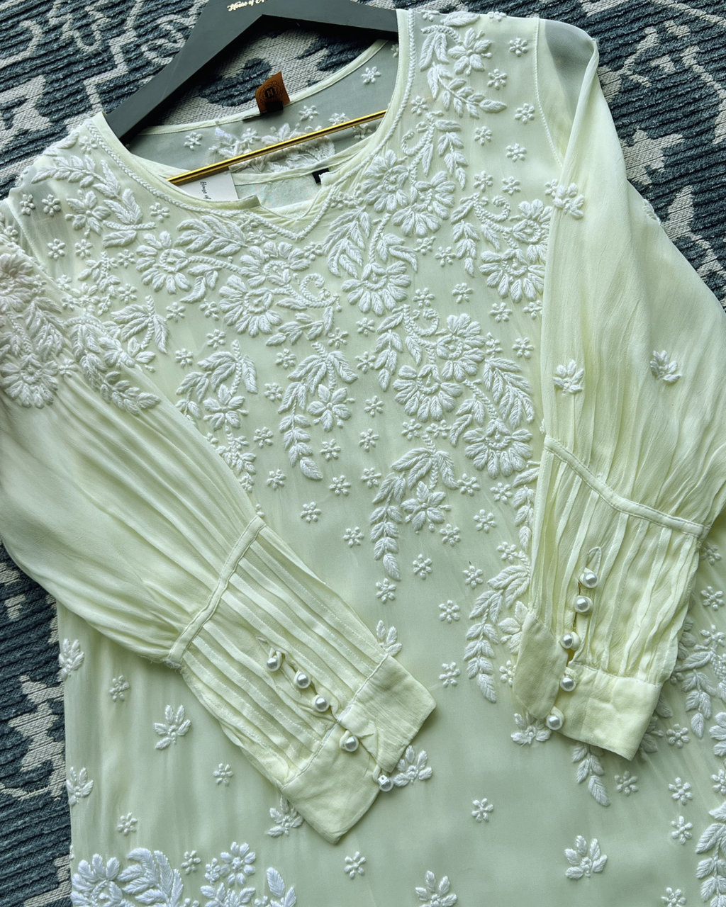 Peach Chikankari Kurti with White Floral Embroidery
