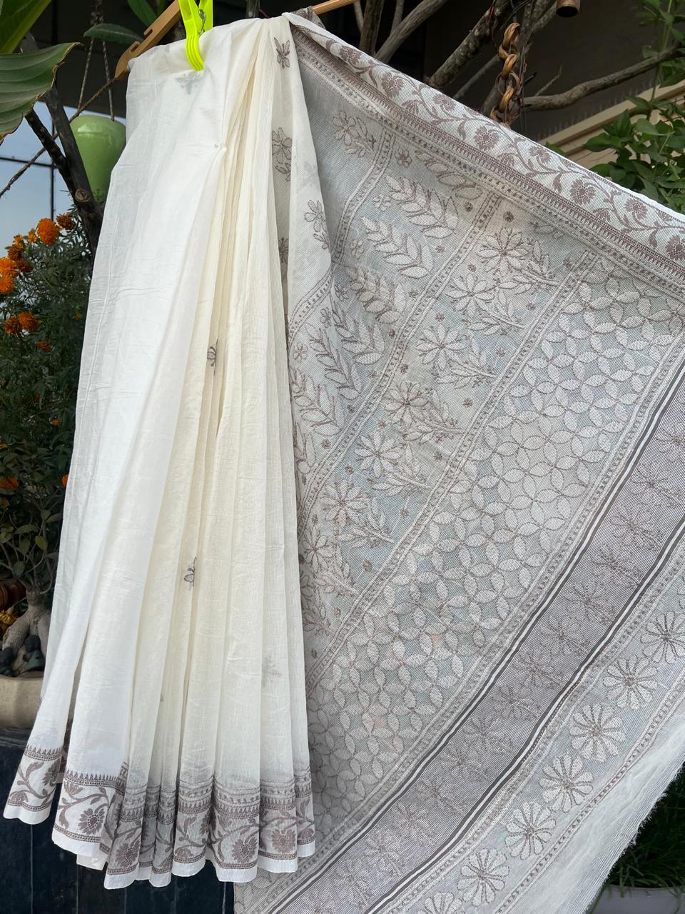 White Grey Chikankari Saree kota saree | Chikankari Gurgaon