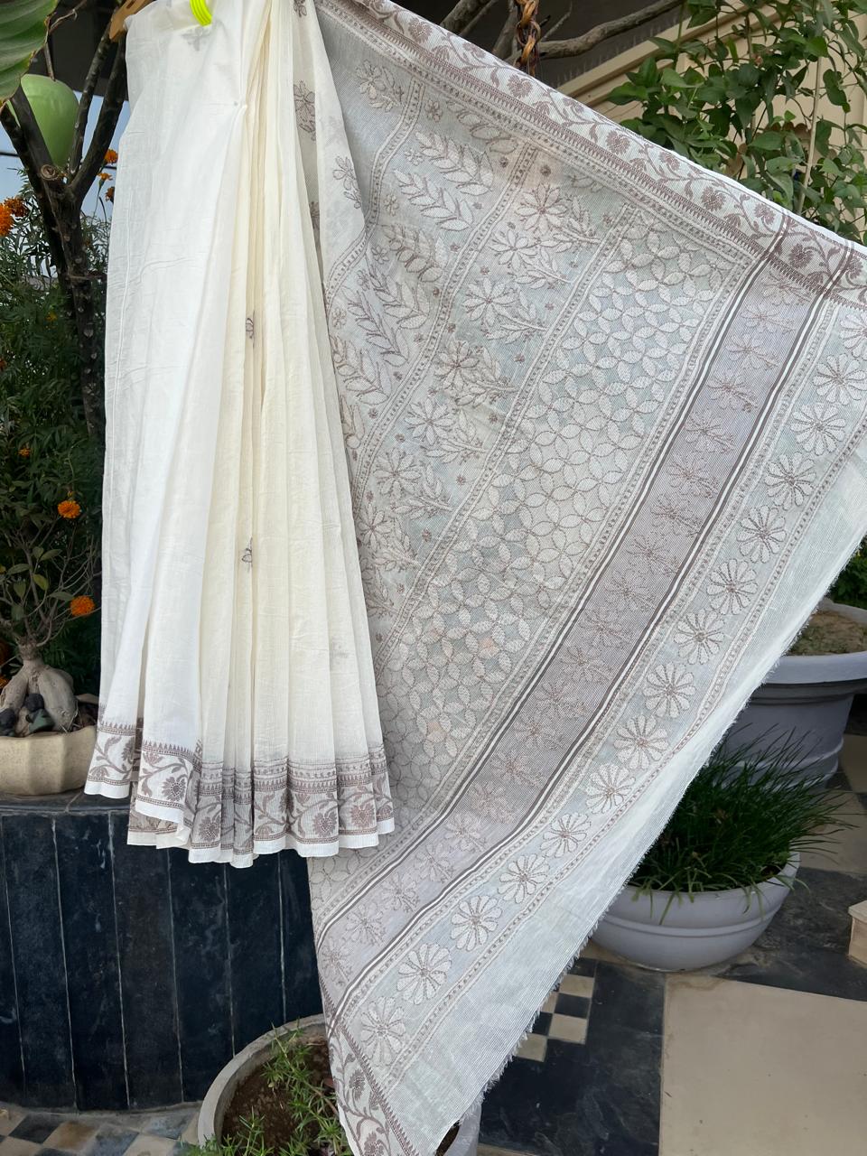 White Grey Chikankari Saree kota saree | Chikankari Gurgaon