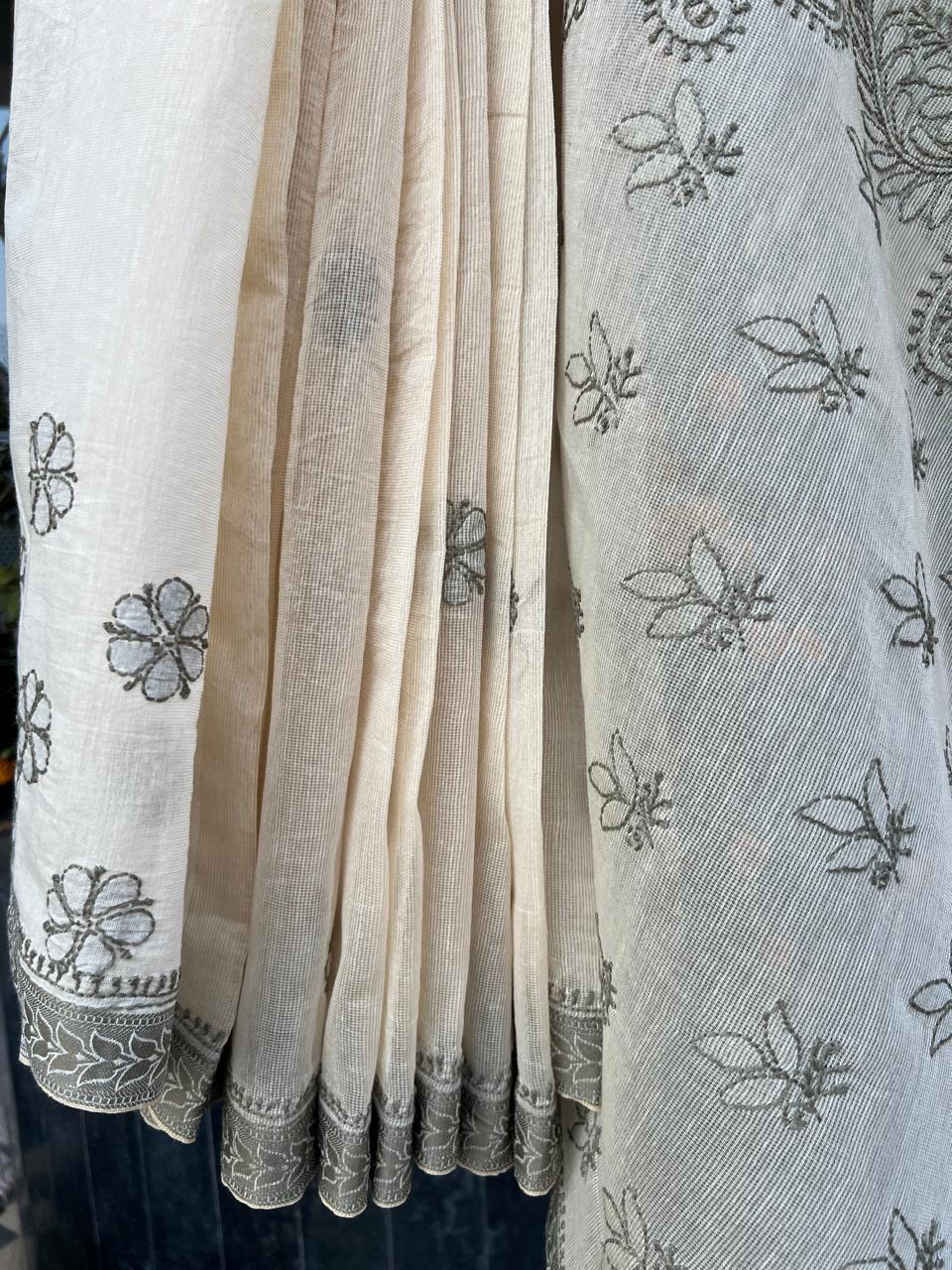 White Grey Chikankari Kota Saree | Lucknow Chikankari Gurgaon