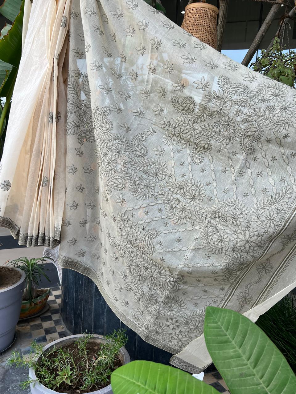 White Grey Chikankari Kota Saree | Lucknow Chikankari Gurgaon