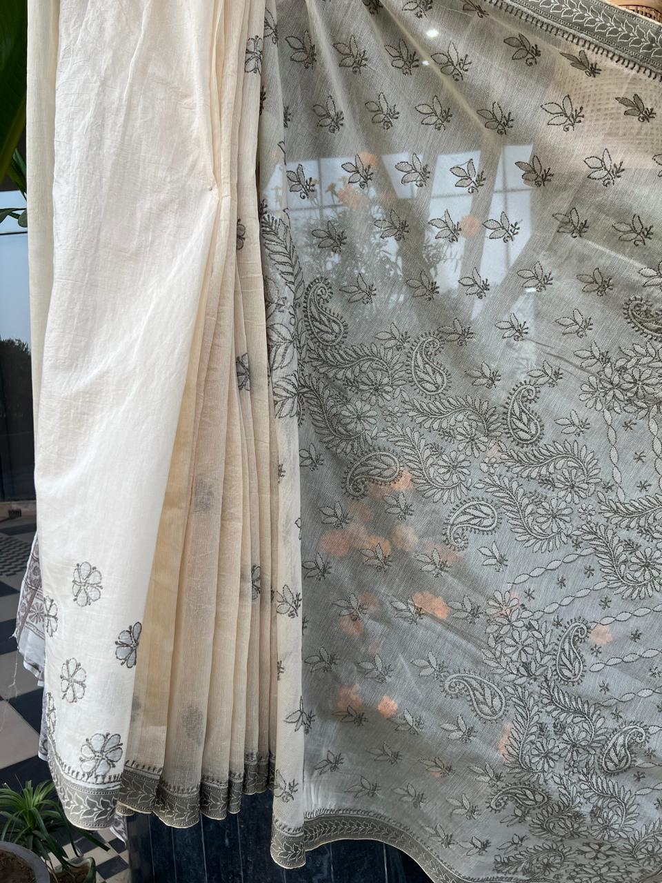 White Grey Chikankari Kota Saree | Lucknow Chikankari Gurgaon