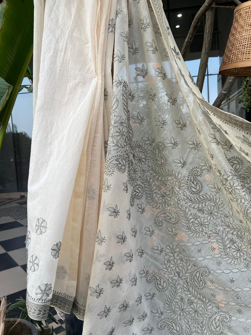 White Grey Chikankari Kota Saree | Lucknow Chikankari Gurgaon