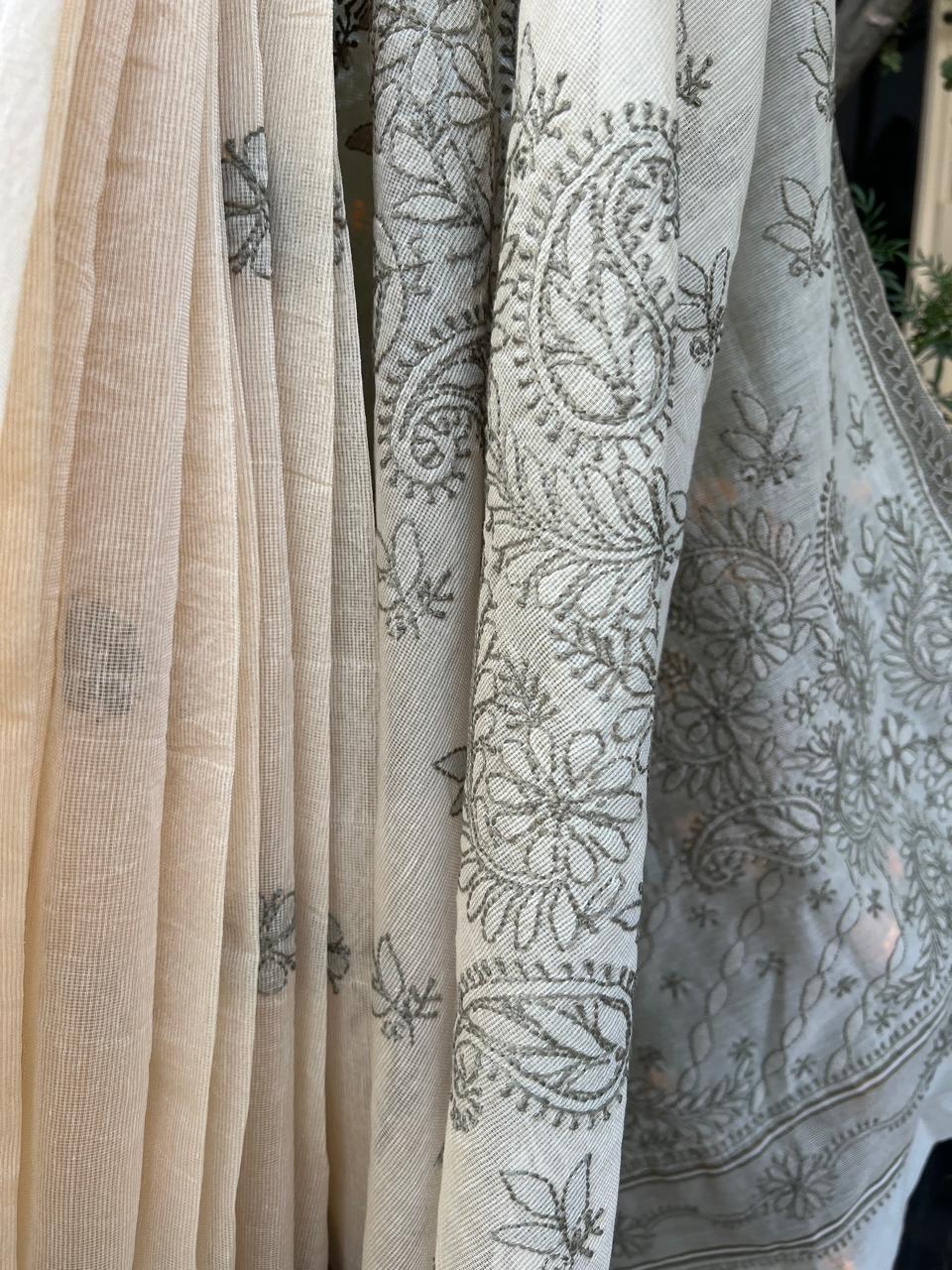 White Grey Chikankari Saree kota saree | Chikankari Gurgaon