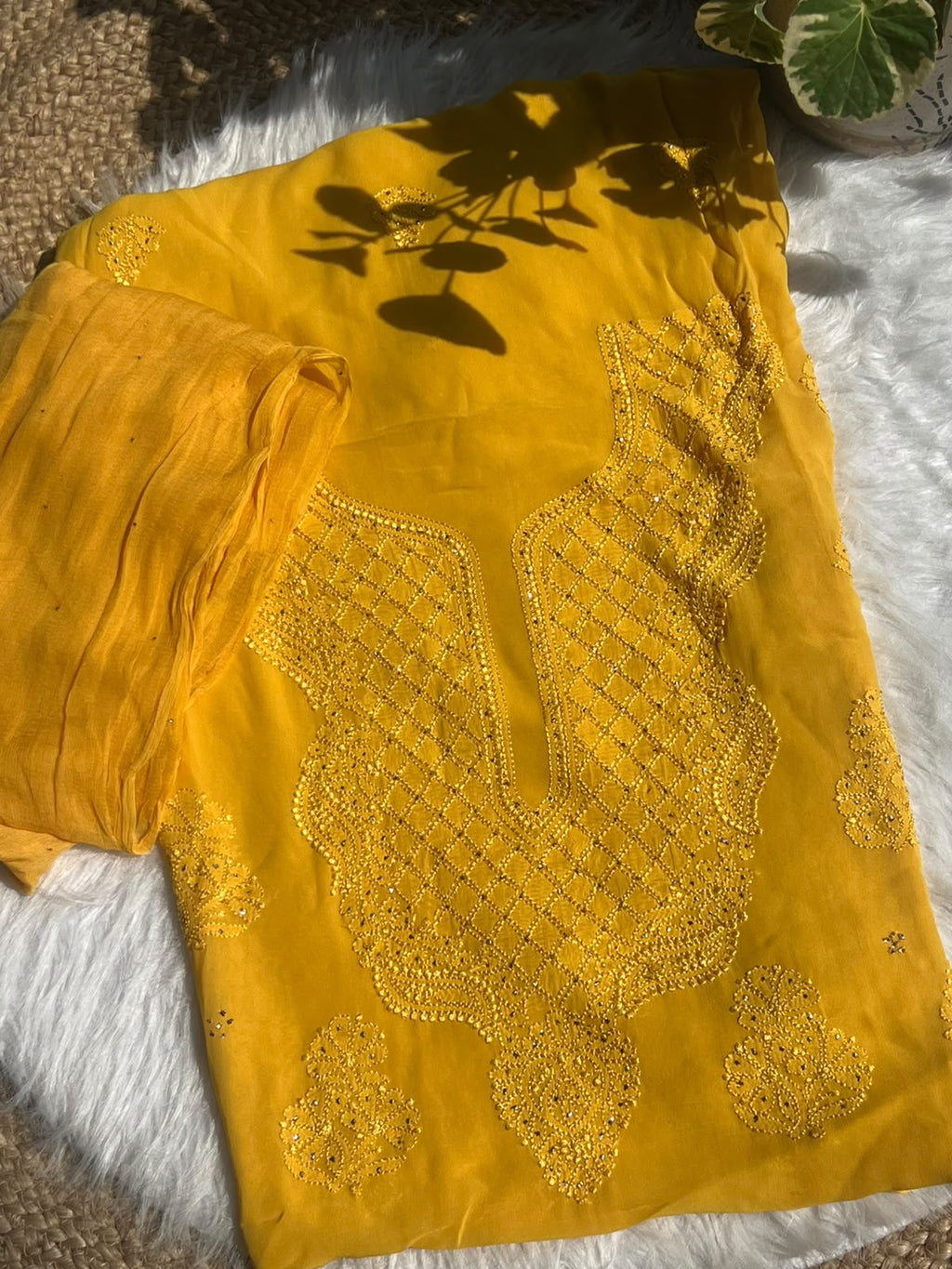 Unstitched Georgette Chikankari Kurti with Mukaish Work & Dupatta