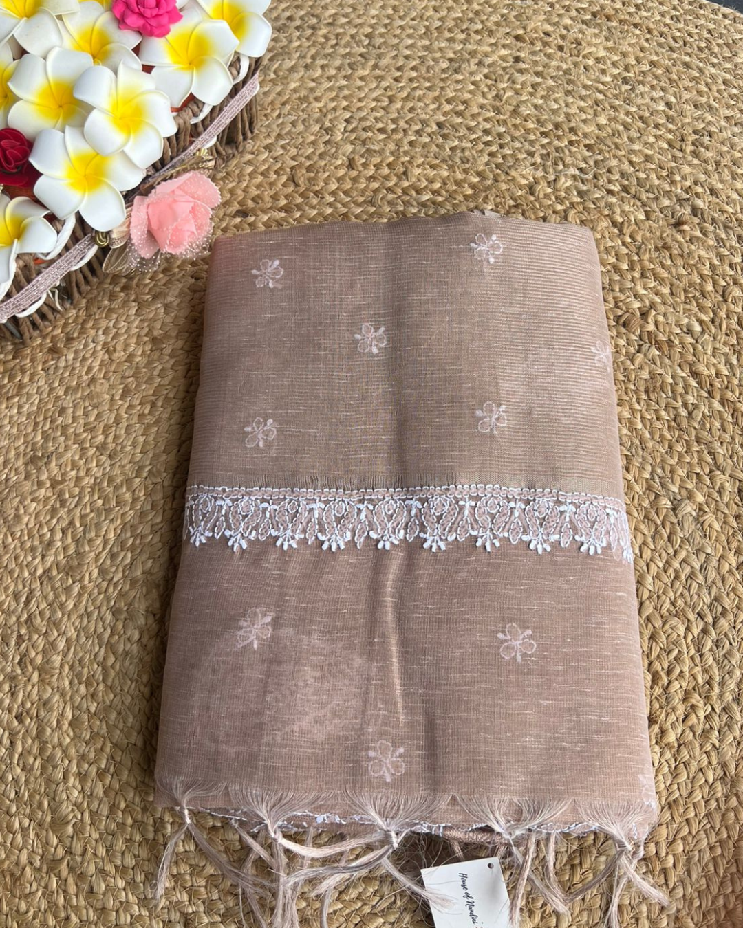 Brown Tissue Chikankari Saree with Blouse |  Lucknow Chikankari Gurgaon