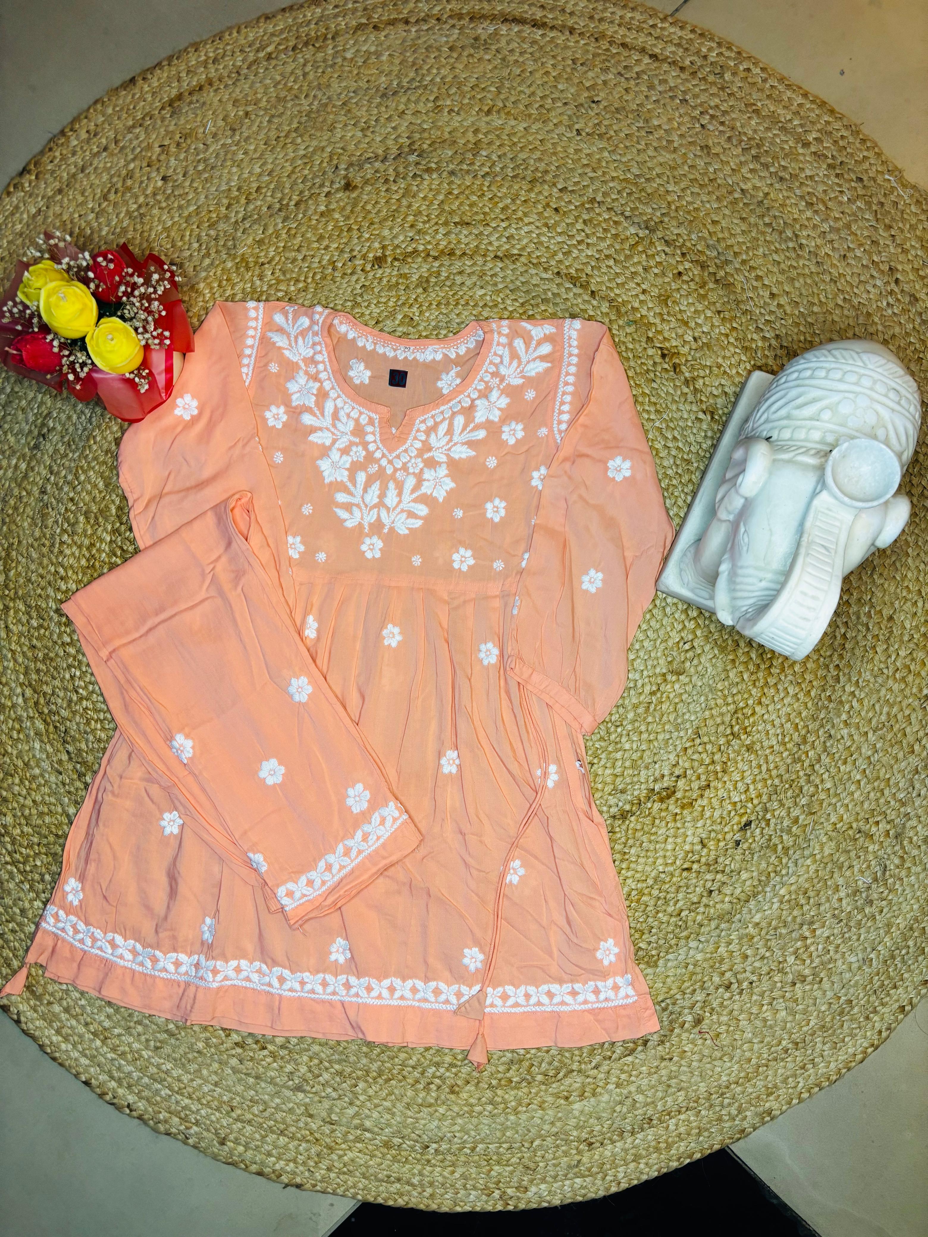 Peach Handcrafted Chikankari Kids Kurti Set (8–9 Years) | Lucknow Chikankari Gurgaon