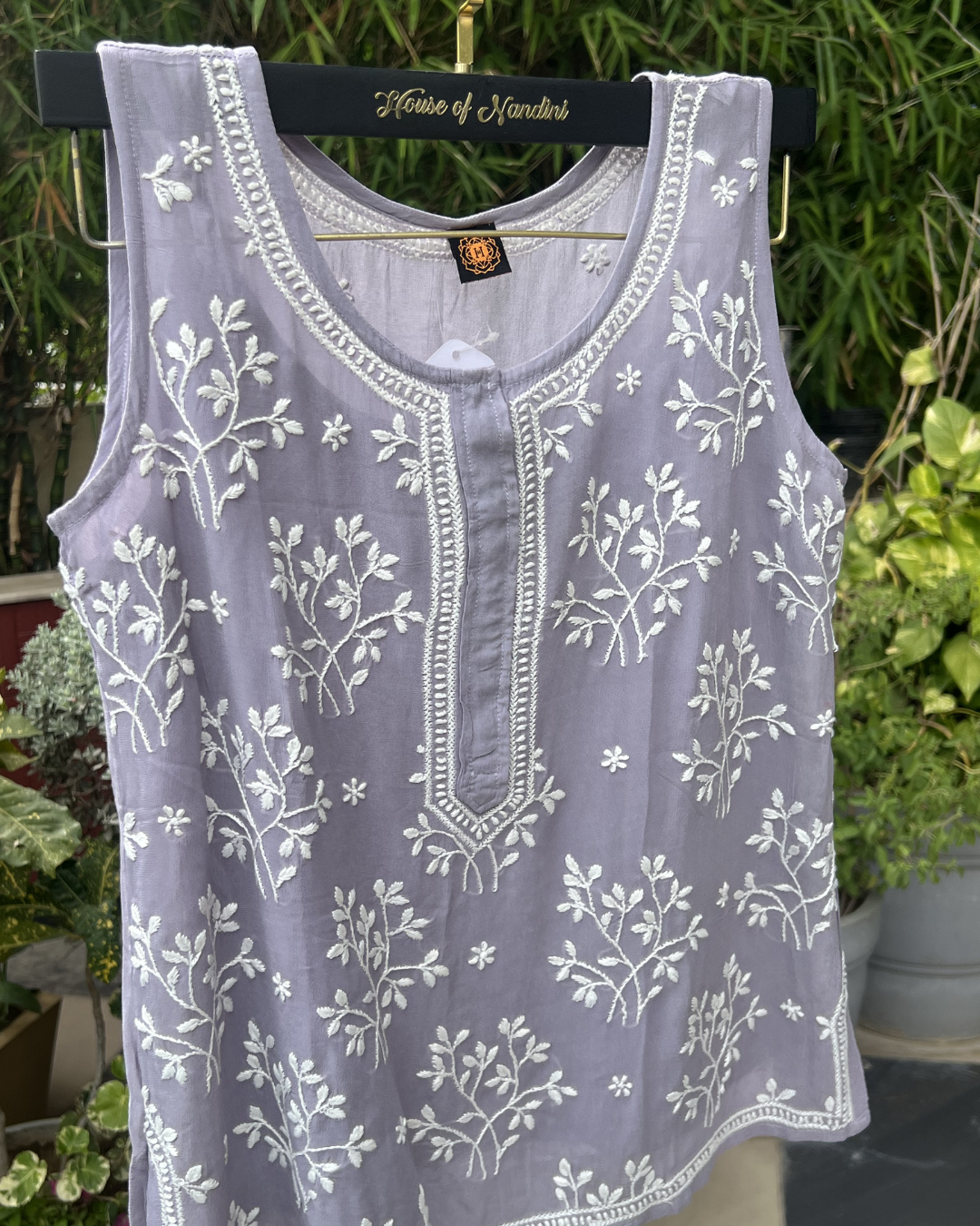 Pink Chikankari Sleeveless Short Kurti Top – Elegant Handcrafted Cotton Wear | Available in Grey, Blue & Peach