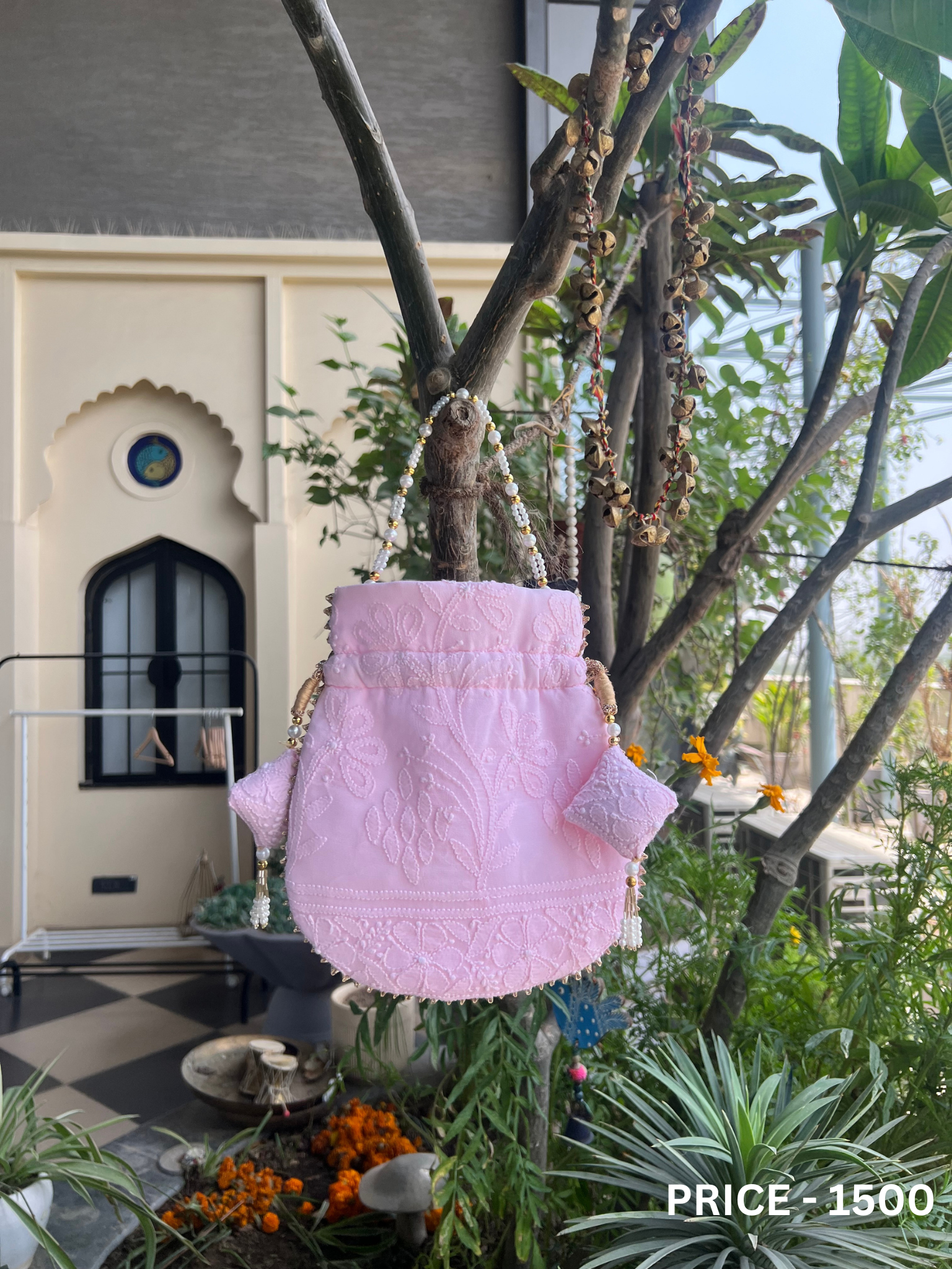 Light Pink Georgette Mukaish Work Potli Bag