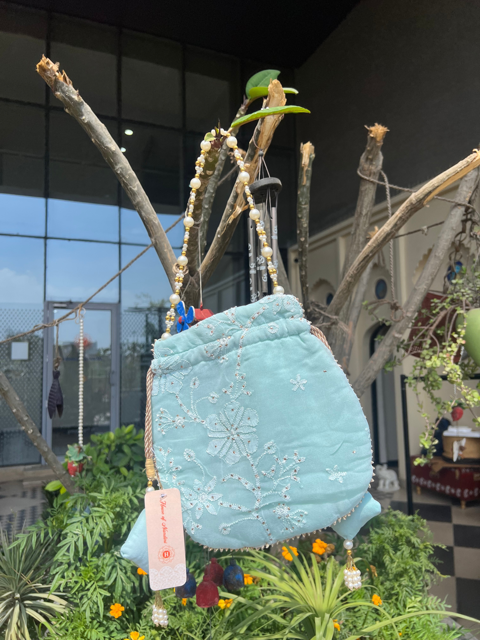 Handcrafted Sea Green Georgette Chikankari Potli Bag with Pearl Handle & Elegant Embroidery