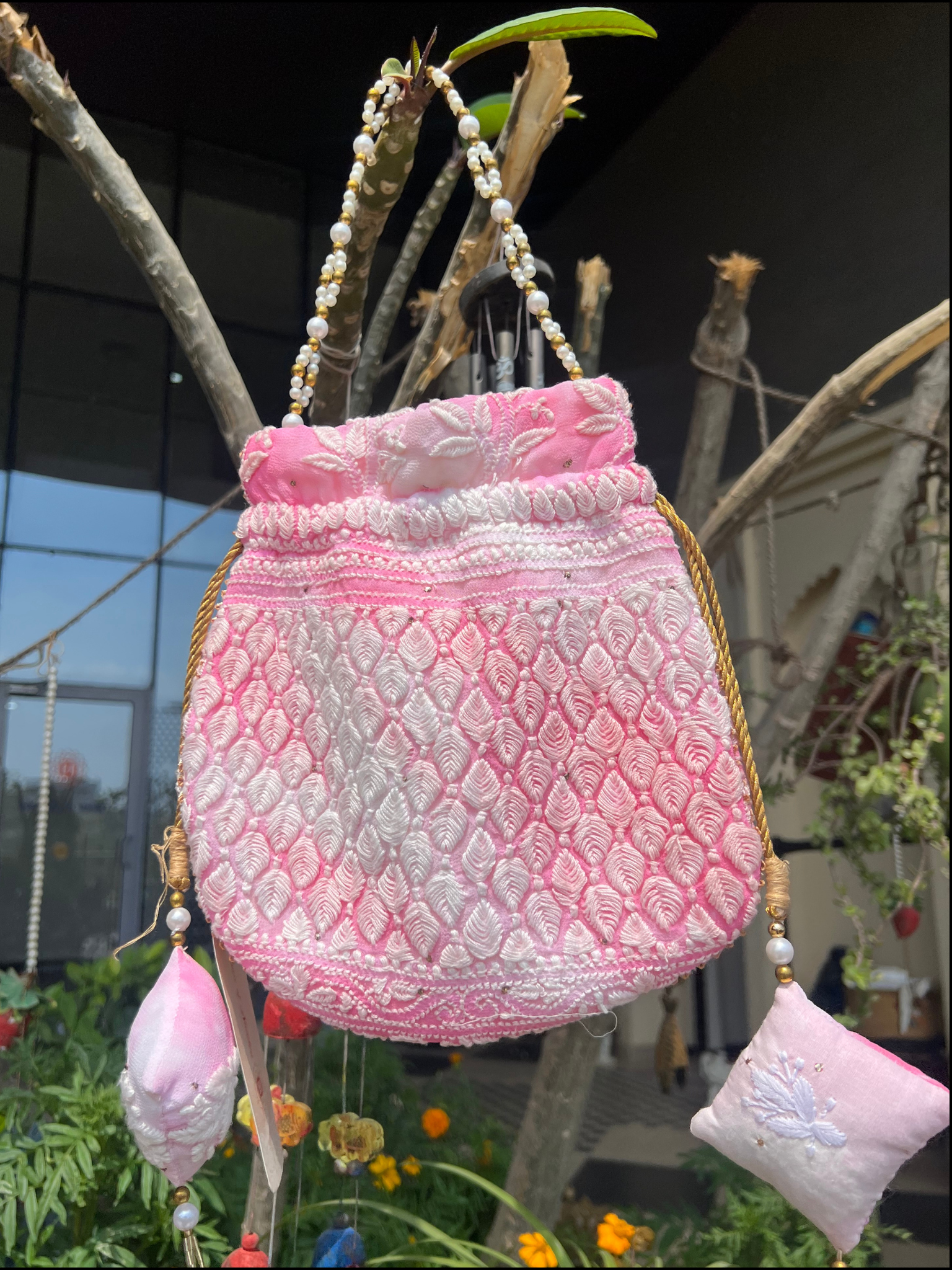 Handcrafted Georgette Potli with Light Pink Mukaish Work & Elegant Detailing ✨