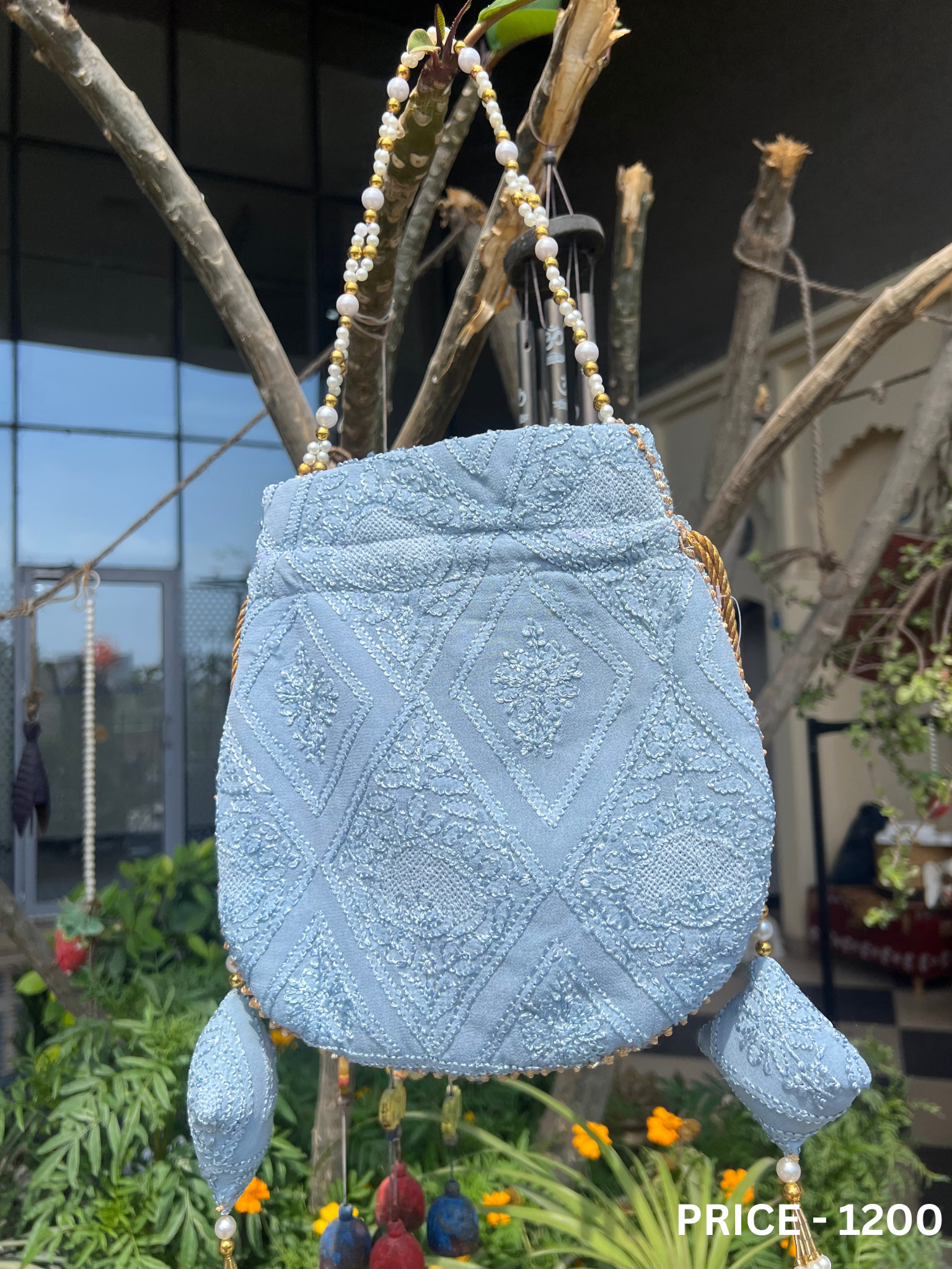 Sky Blue Georgette Potli Bag | Hand Embroidered Festive Potli