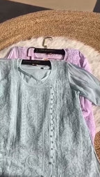 White Chikankari Short Kurti in Georgette with Slip (Size 42) – Lightweight Elegant Ethnic Wear | Available in Blue, Peach & Purple