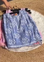 Pink Chikankari Sleeveless Short Kurti Top – Elegant Handcrafted Cotton Wear | Available in Grey, Blue & Peach