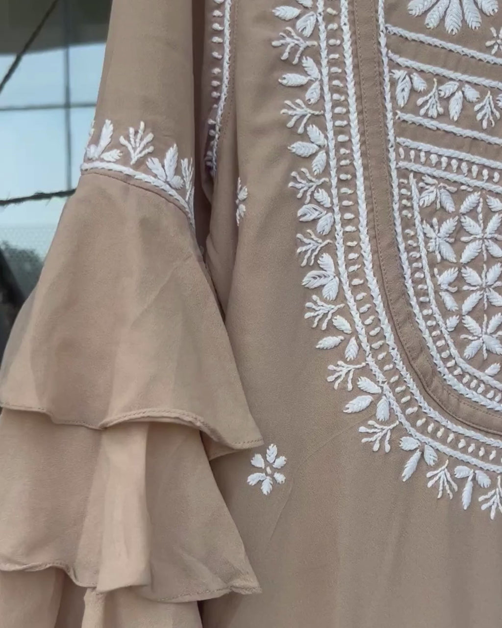 Chocolate Brown Long Chikankari Dress with White Embroidery | Lucknow Chikankari Gurgaon | Chikankari Studio Gurgaon