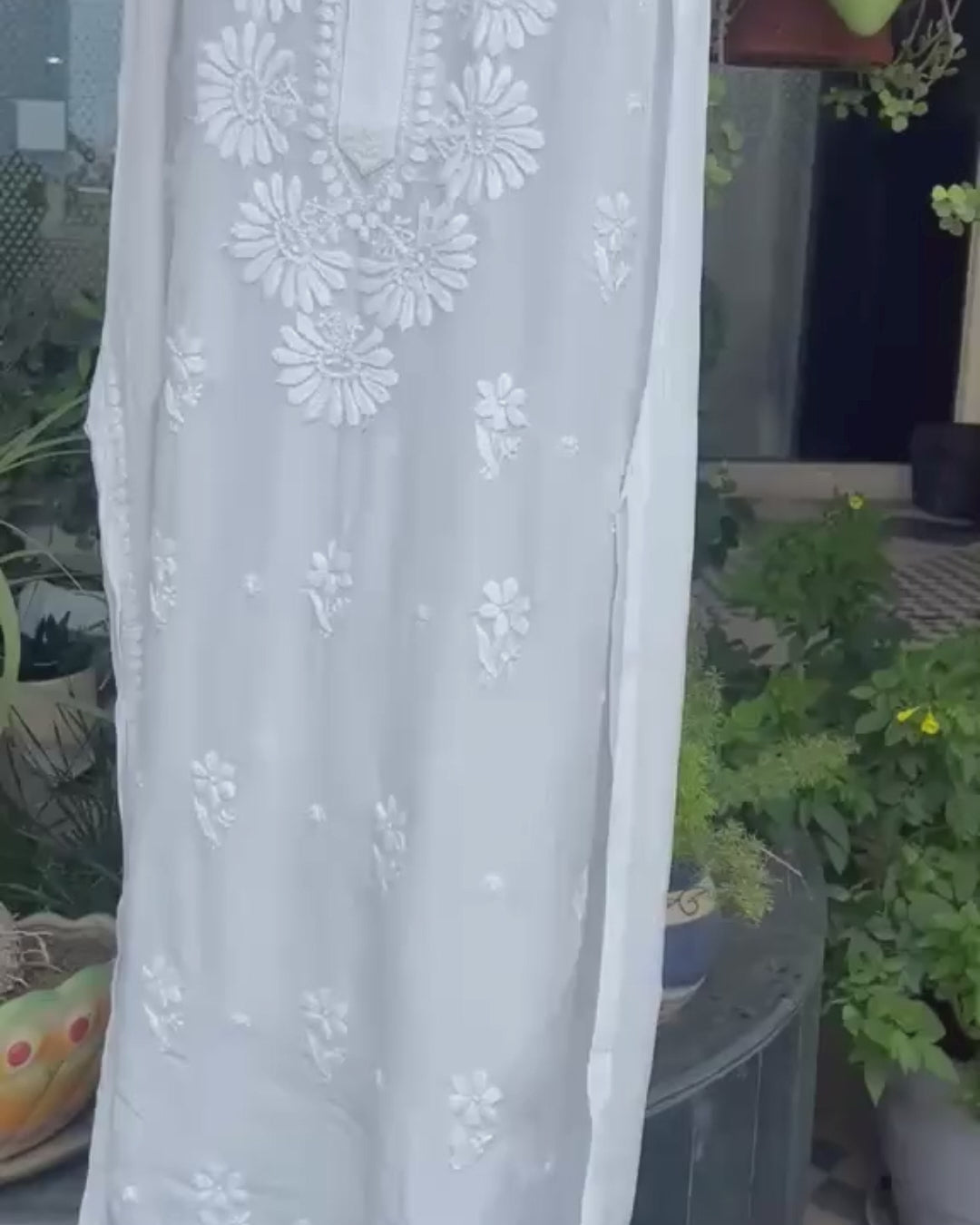 Long Sleeveless Muslin Chikankari Kurti | Hand Embroidered Kurti Collection | Lucknow Chikankari Gurgaon