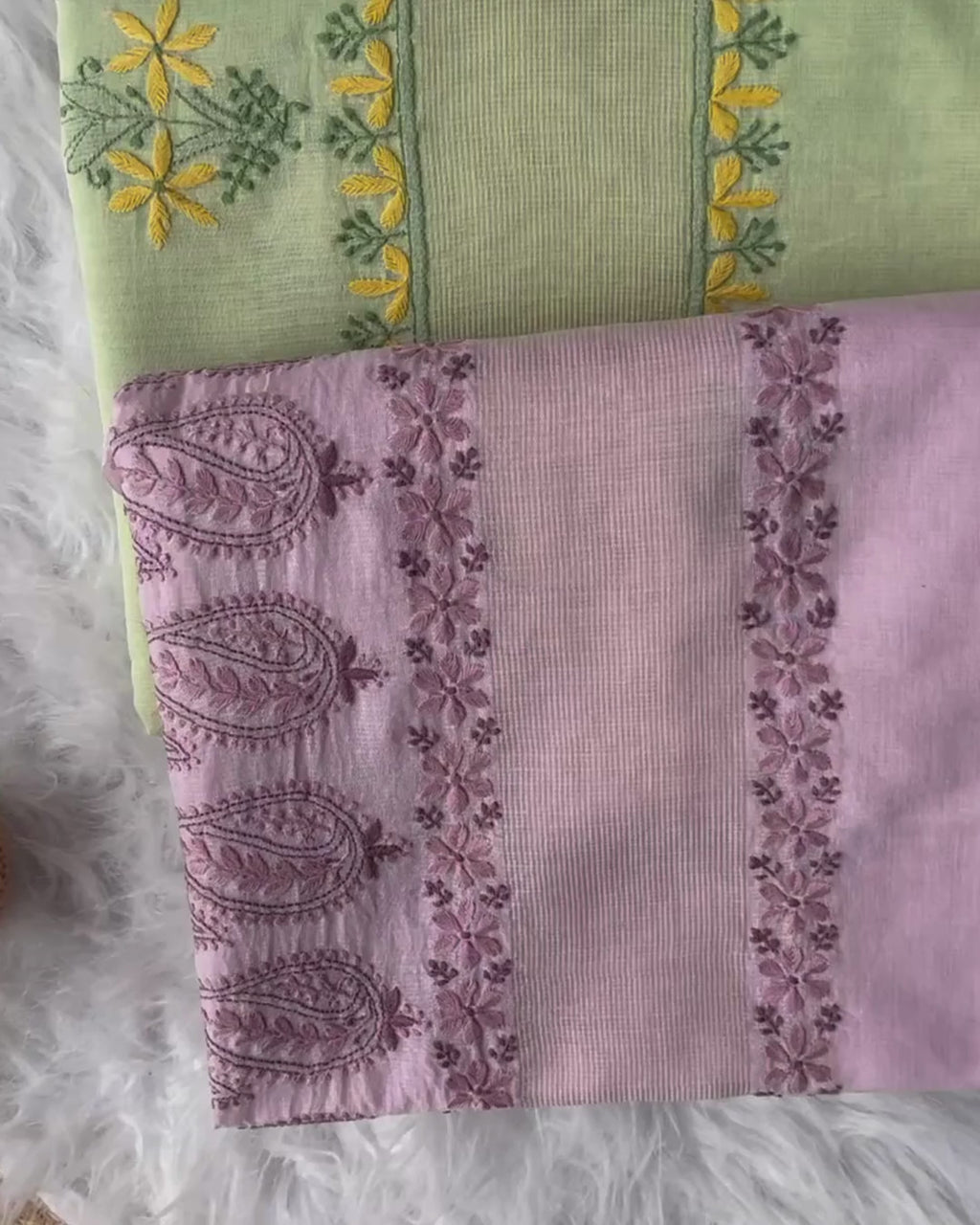 Pink & Green Cotton Chikankari Saree – Handcrafted Lucknowi Elegance