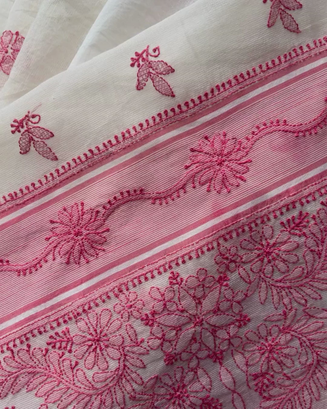 White Pink Chikankari Kota Saree | Lucknow Chikankari Gurgaon