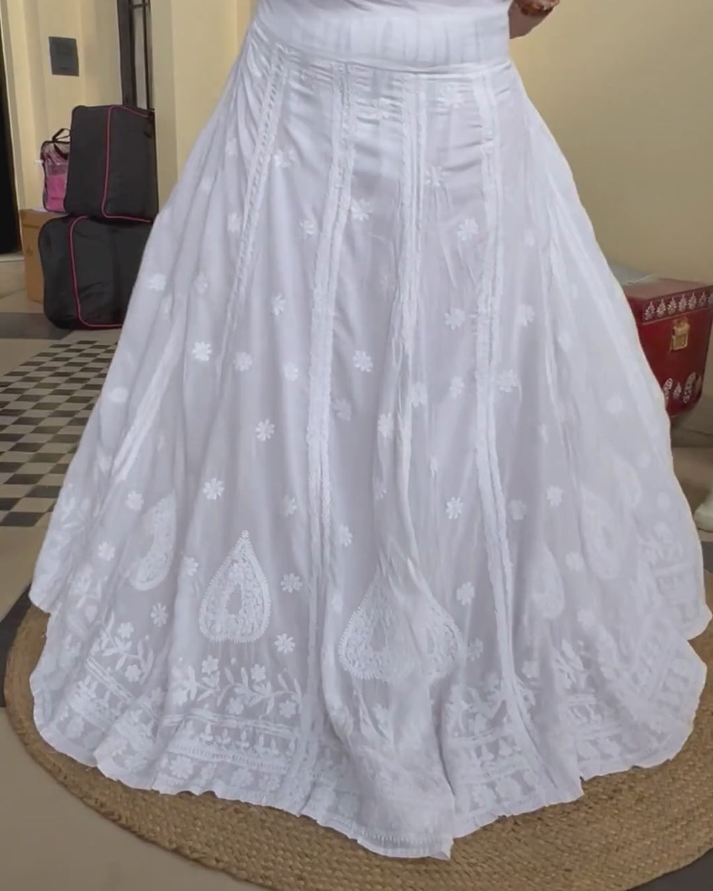 White Semi-Stitched Chikankari Skirt | Free Size | Lucknow Chikankari Gurgaon | Chikankari Studio Gurgaon